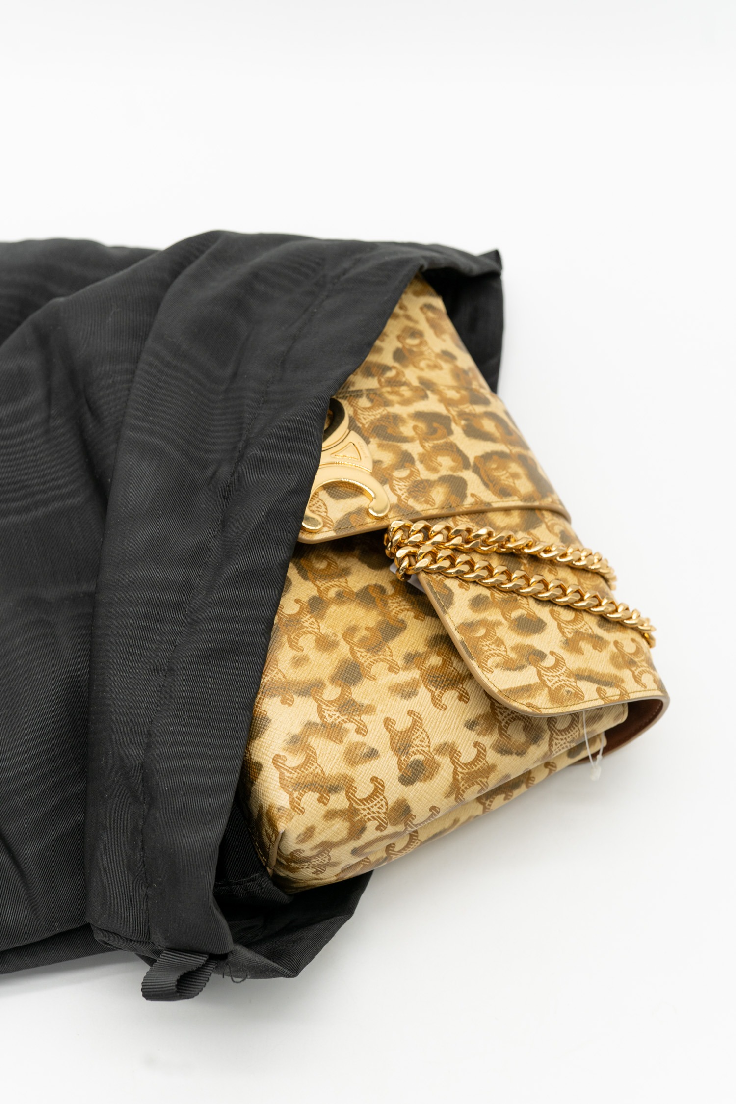 Celine "Victoire" Schultertasche mit Leoprint in Beige und Gold