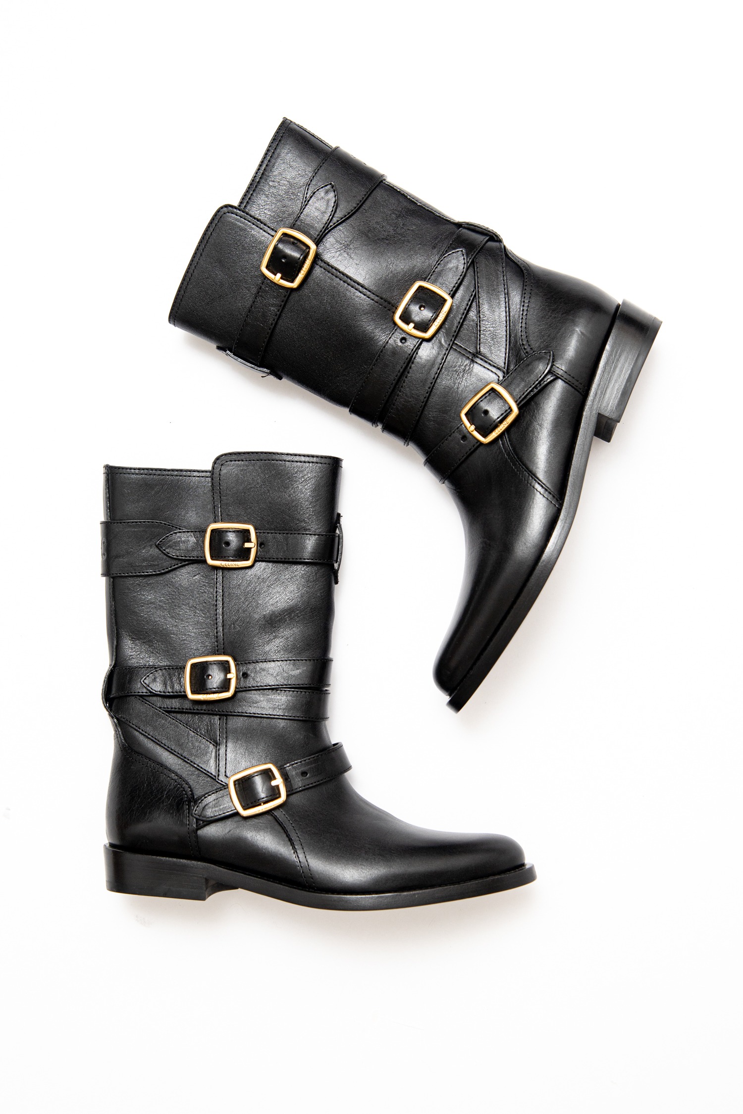 Celine "Lyra Triple Buckels" Stiefel in Schwarz und Gold