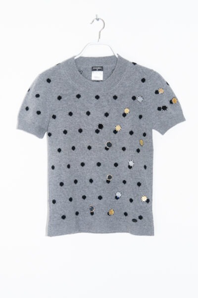 Chanel Strickpullover mit kurzen Ärmeln und Pailletten in Grau