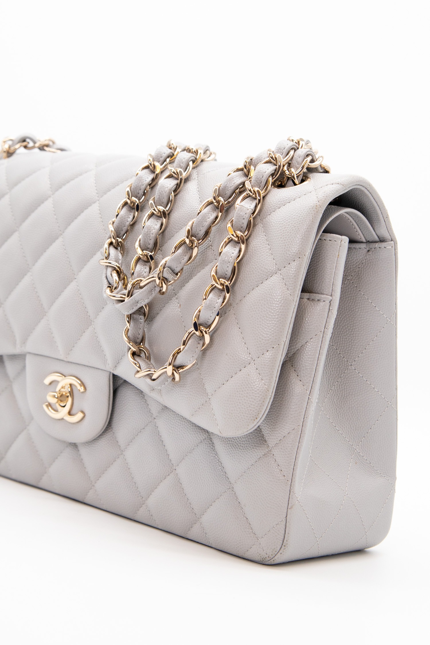 Chanel „Classic Double Flap Bag" Schultertasche Large in Hellgrau