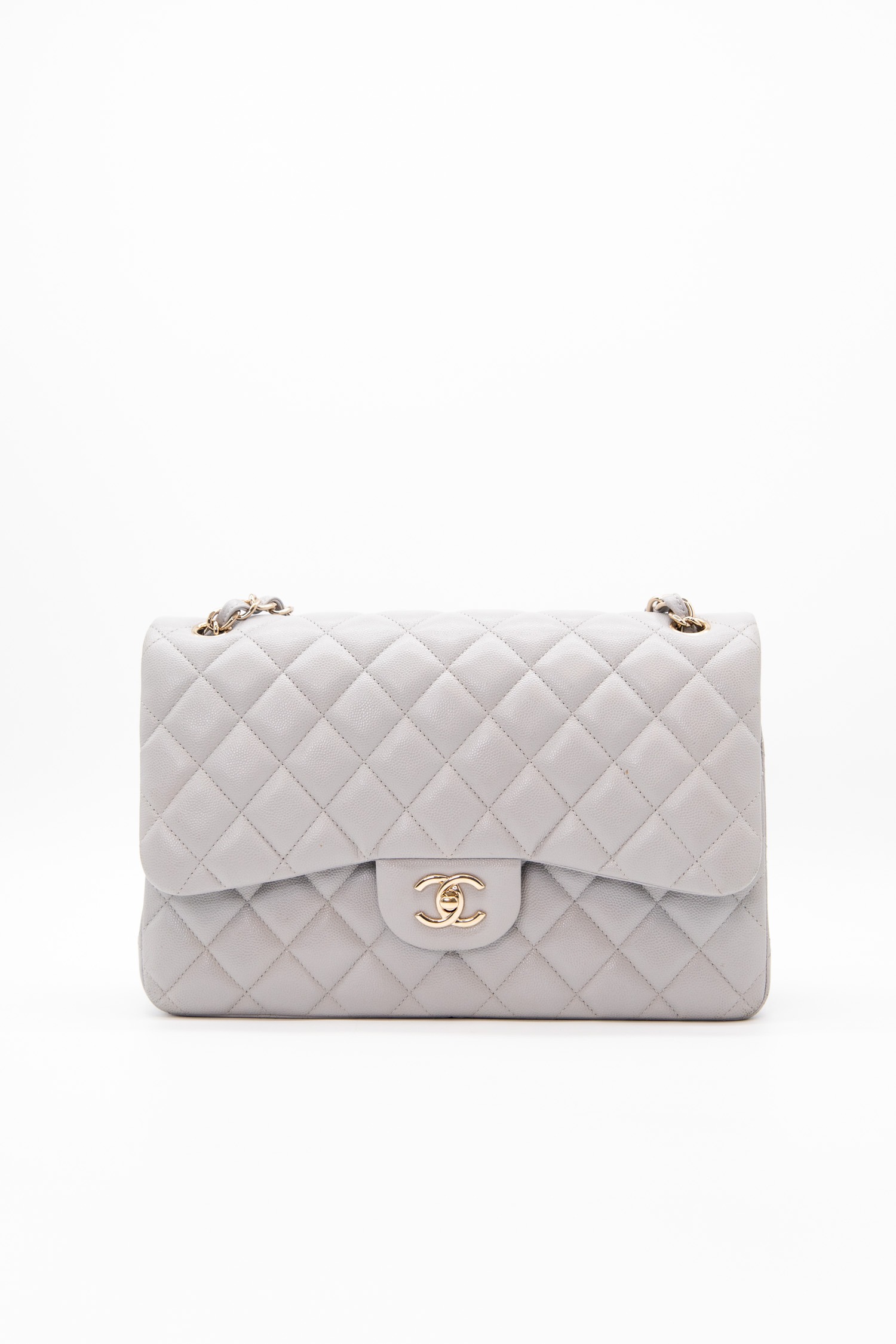 Chanel „Classic Double Flap Bag" Schultertasche Large in Hellgrau