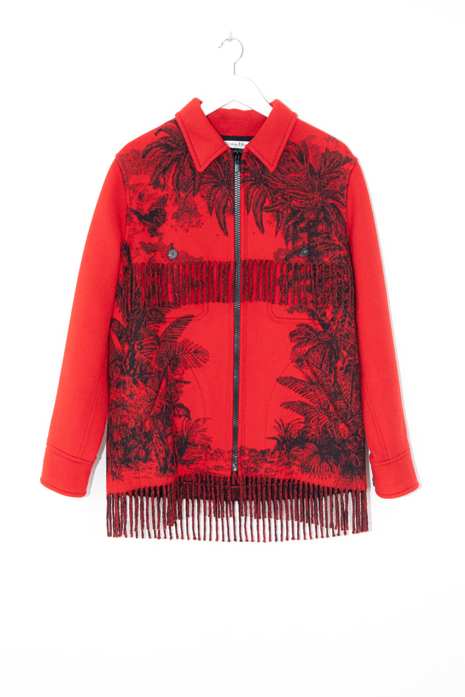 Dior Wolljacke mit Palmenmuster und Fransen in Rot