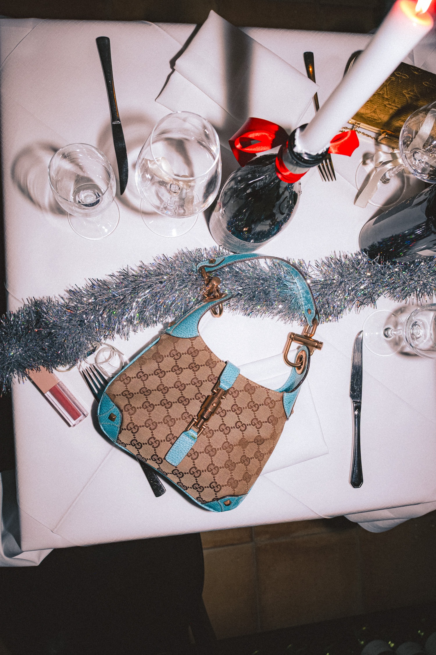 Gucci "Jackie" Schultertasche mit Monogramm in Beige und Türkis