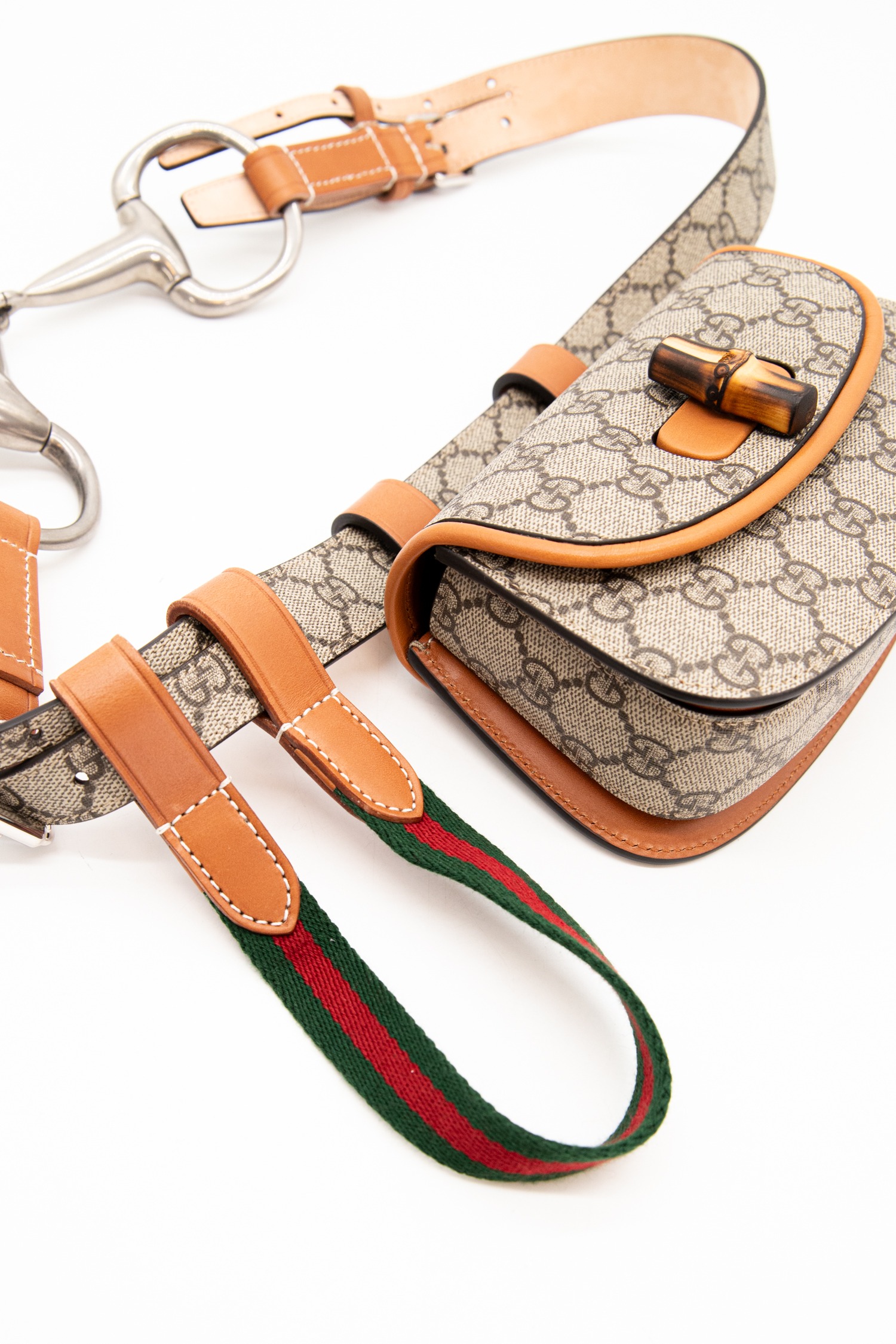 Gucci „Bamboo 1947“ Mini Gürteltasche in Beige, Hellbraun und Silber