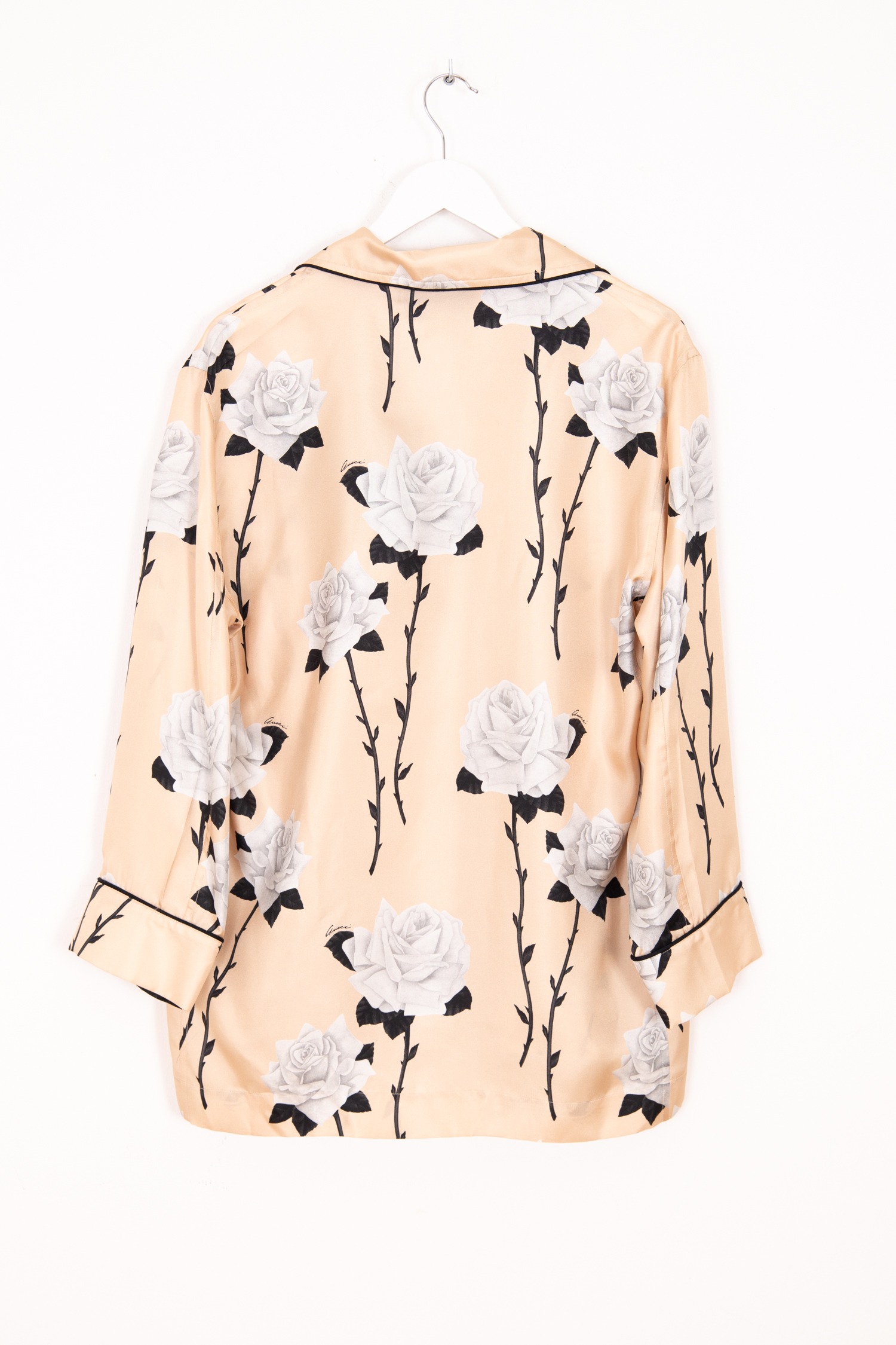 Gucci Seidenbluse mit Rosenprint in Beige und Hellgrau