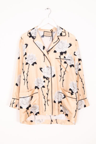 Gucci Seidenbluse mit Rosenprint in Beige und Hellgrau