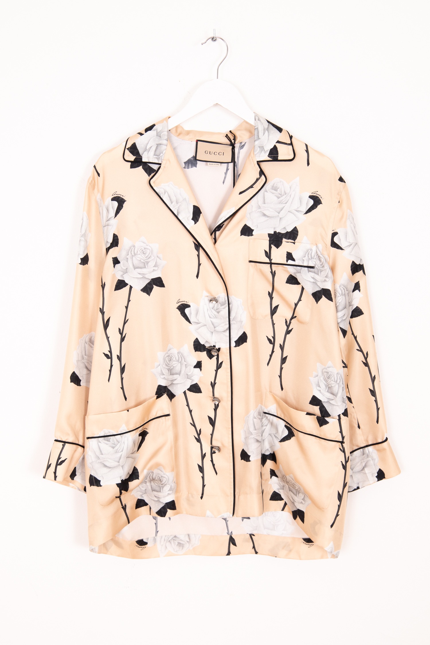 Gucci Seidenbluse mit Rosenprint in Beige und Hellgrau
