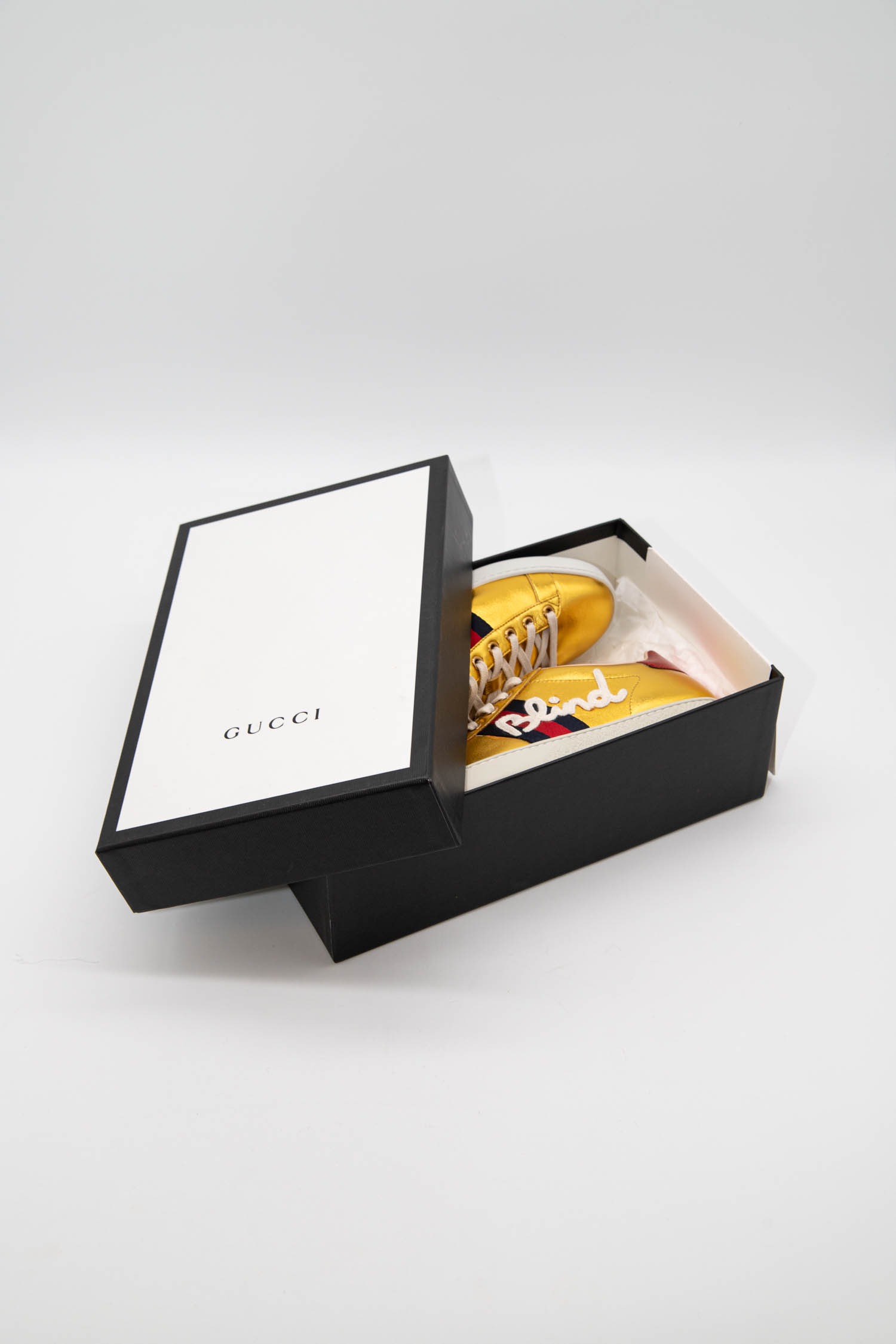 Gucci "Ace Blind For Love" Sneaker in Gold