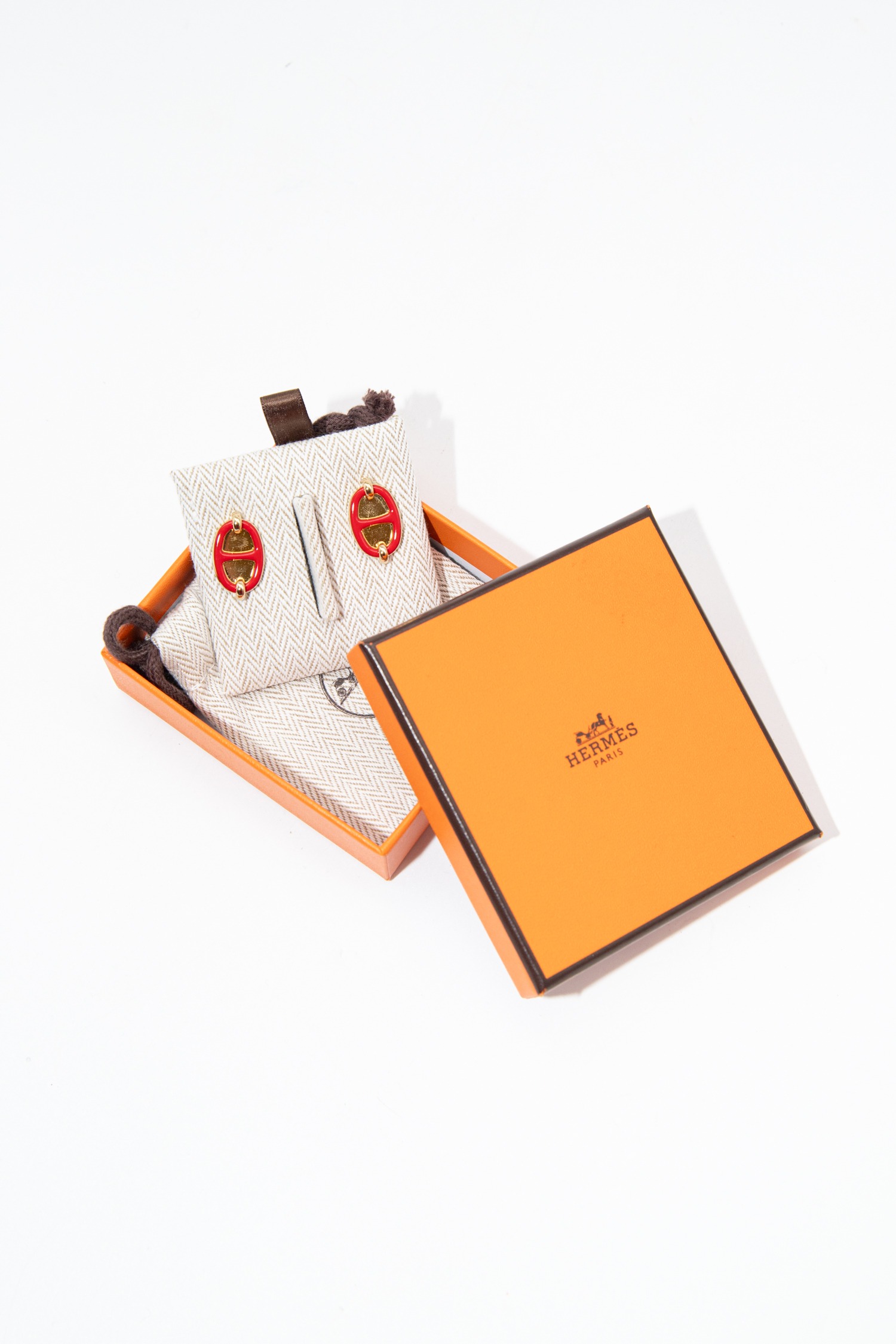 Hermès "Mini Maillon" Ohrringe in Rot und Gold