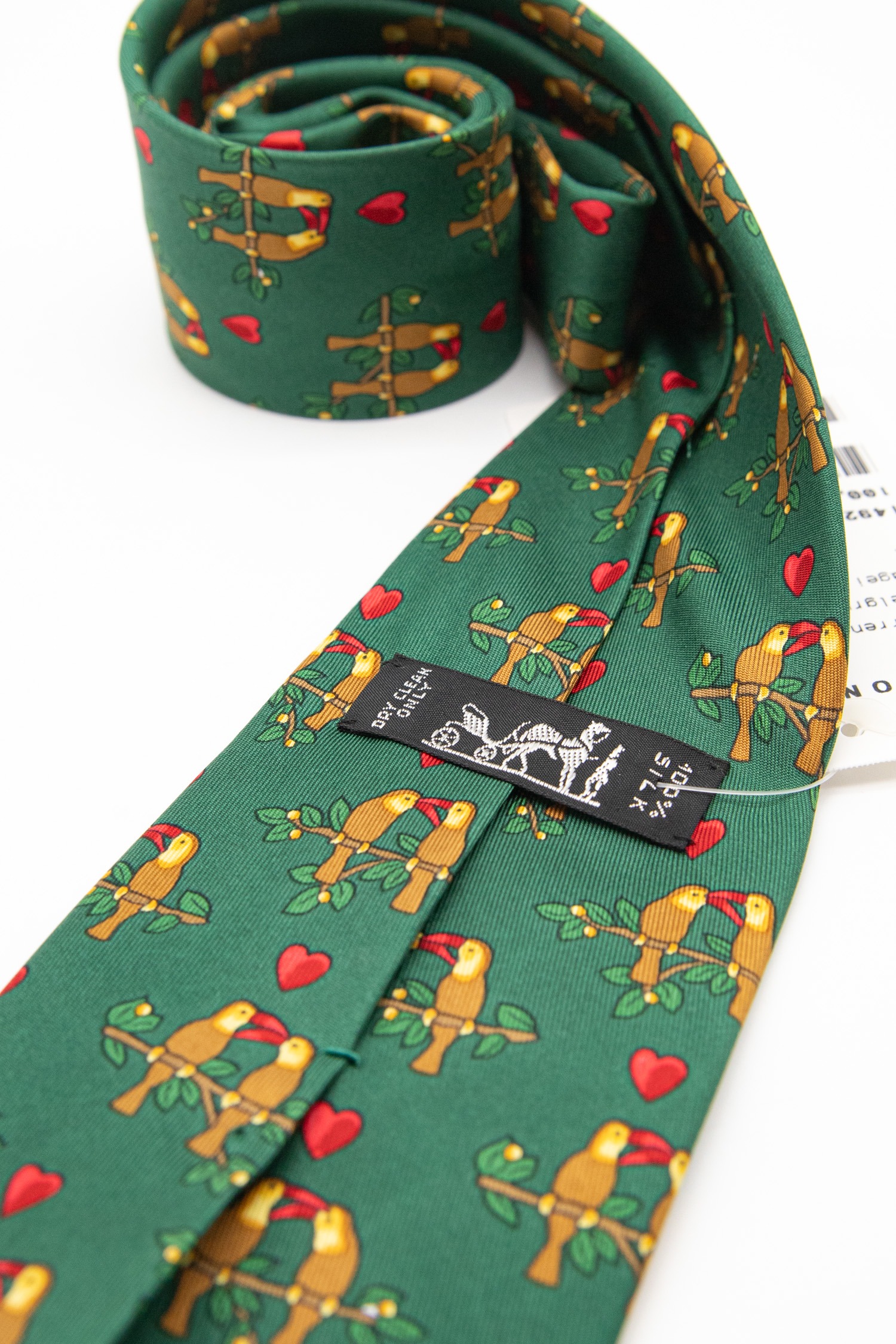 Hermès Krawatte mit Vögeln und Herzen in Dunkelgrün