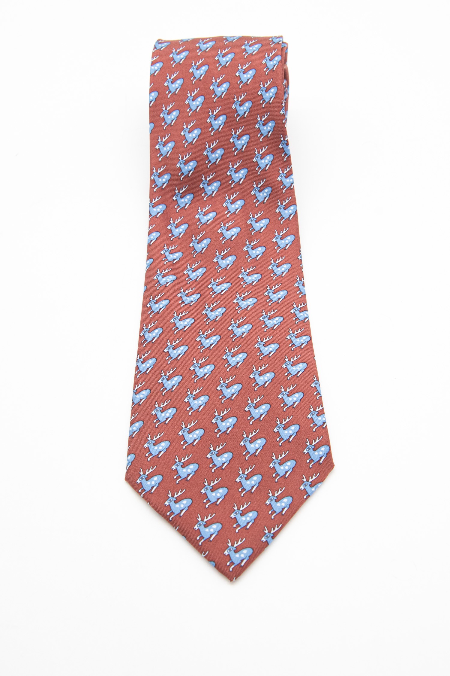 Hermès Krawatte mit Hirsch-Muster in Kastanienbraun und Hellblau