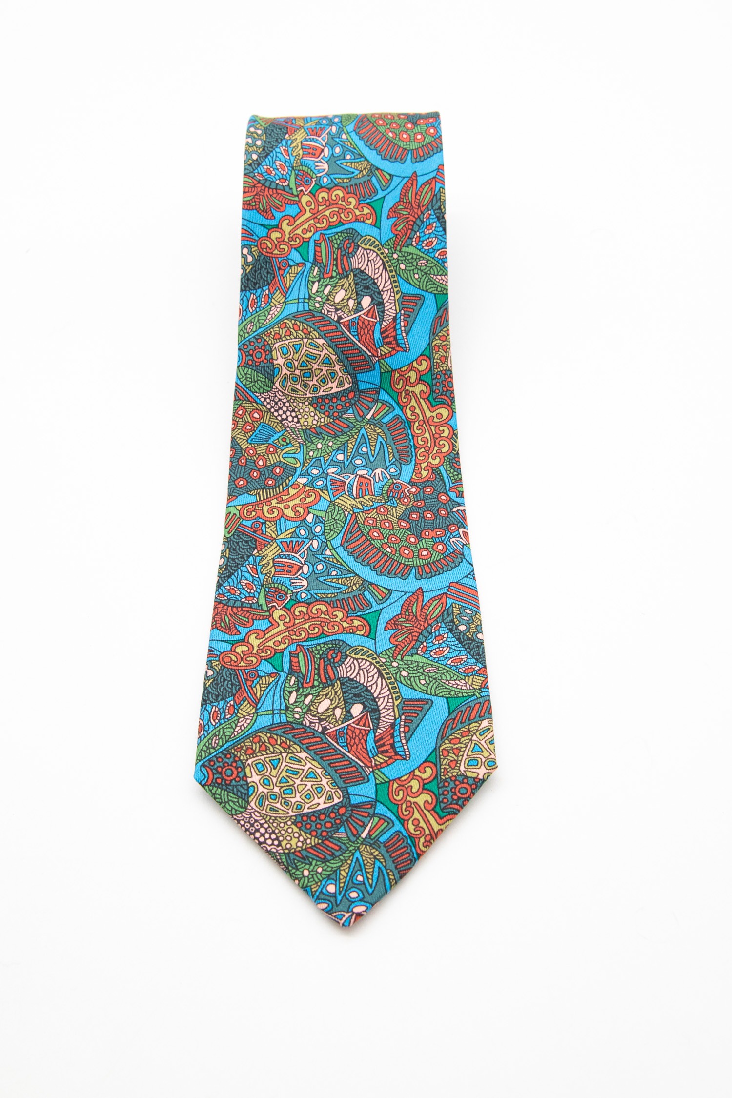 Hermès Krawatte mit Fischen und Ornamenten in Blau