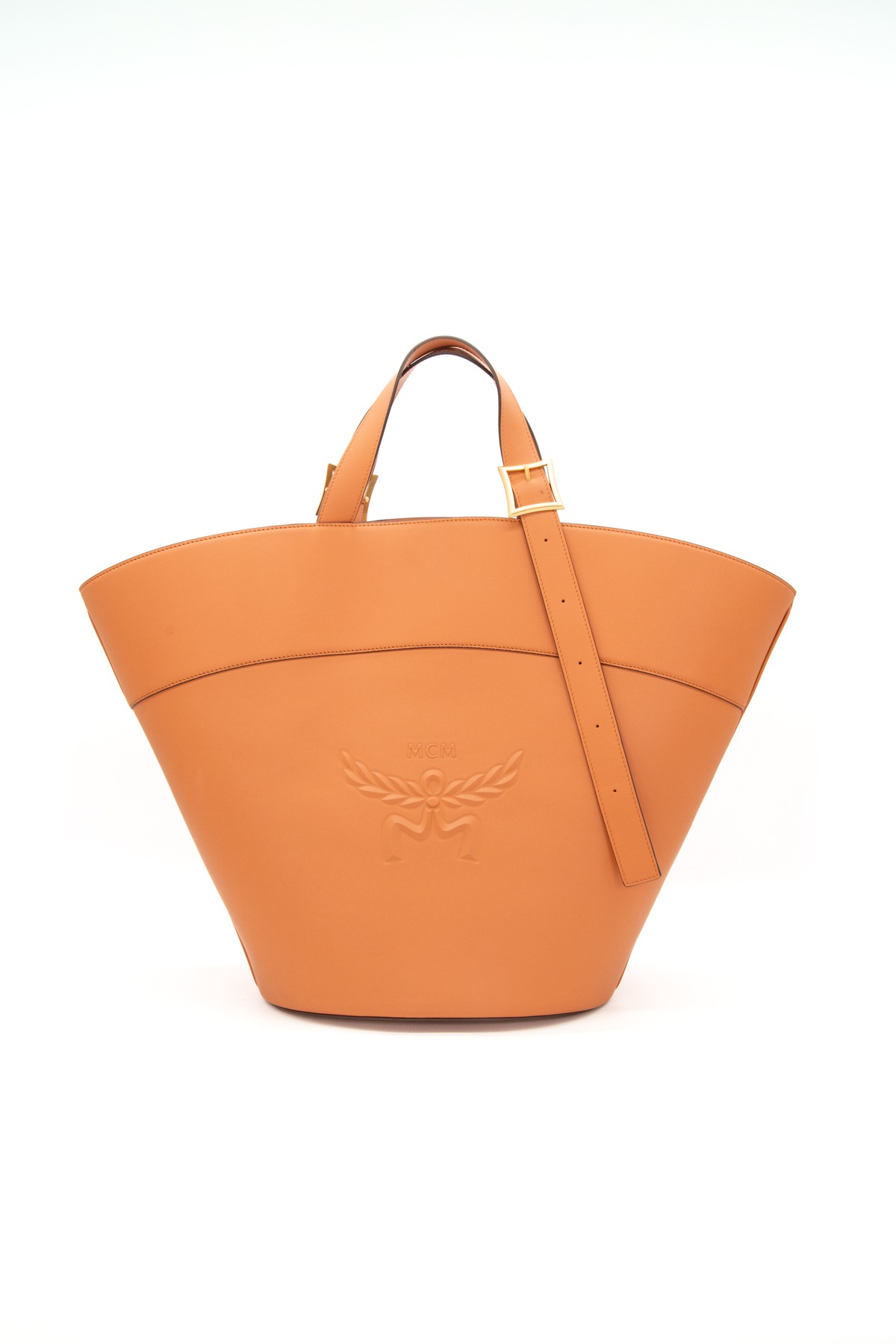 MCM Shopper aus Leder mit Logoprägung in Cognac und Gold