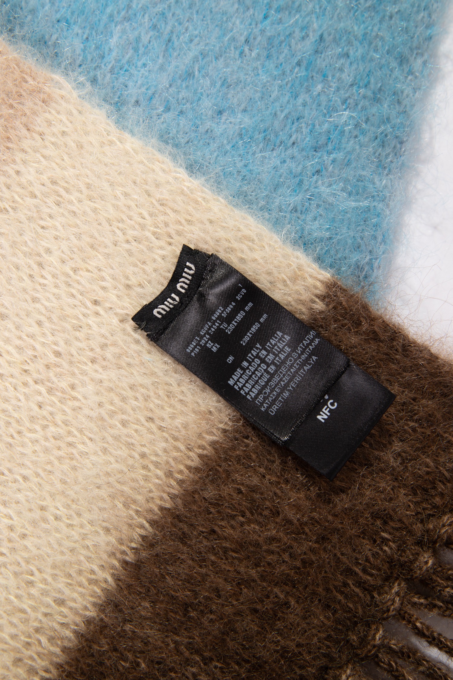 Miu Miu Mohair-Schal mit Streifen in Blau, Braun und Ecru