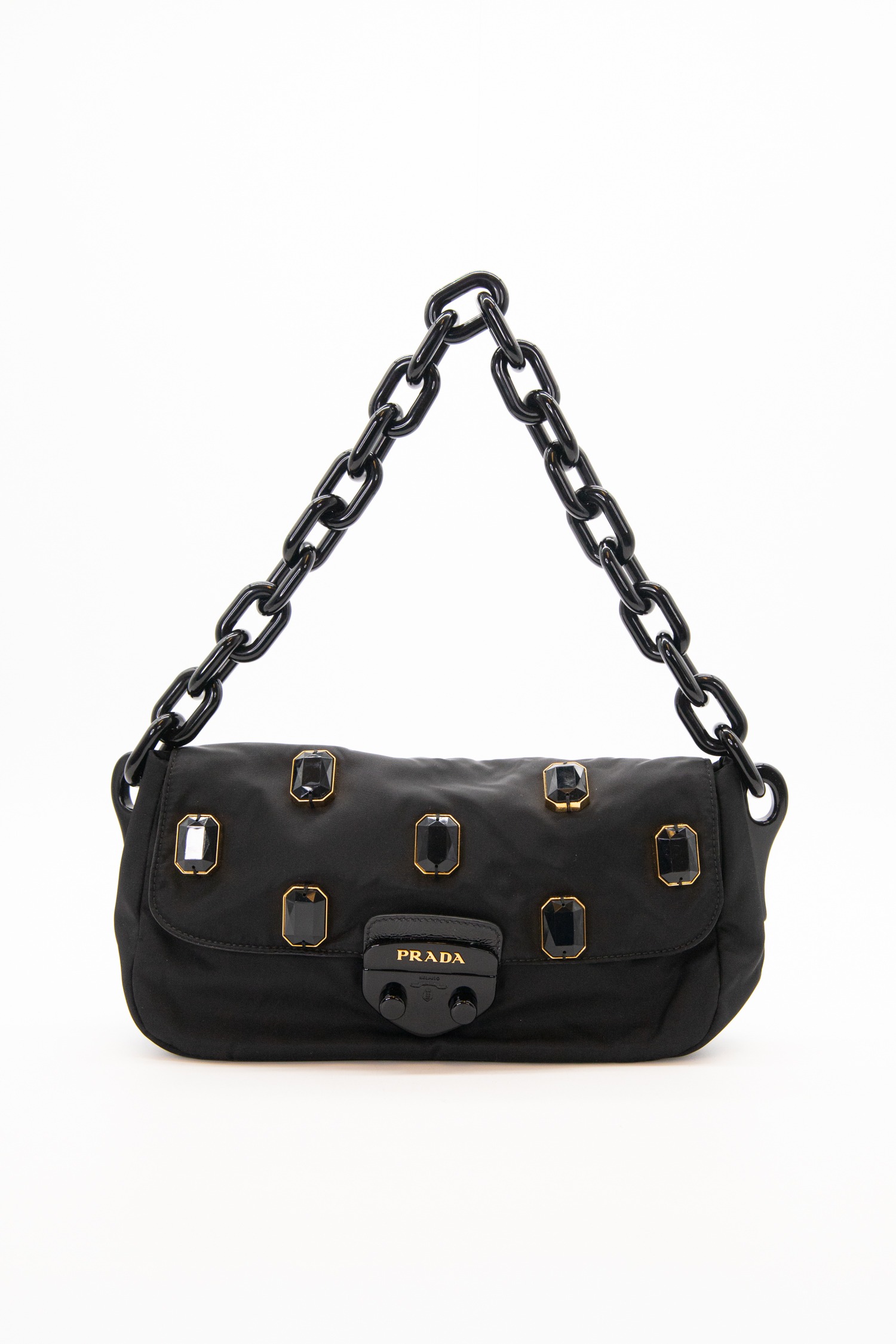 Prada Handtasche mit Schmucksteinen in Schwarz und Gold