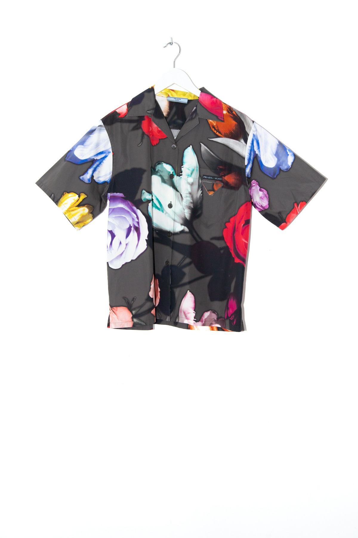 Prada Oversized-Hemd mit Blumendruck in Grau und Bunt