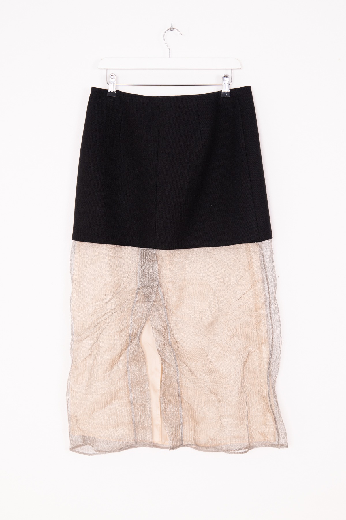 Prada Midi-Rock aus Wolle mit Mesh-Einsatz in Schwarz und Metallic