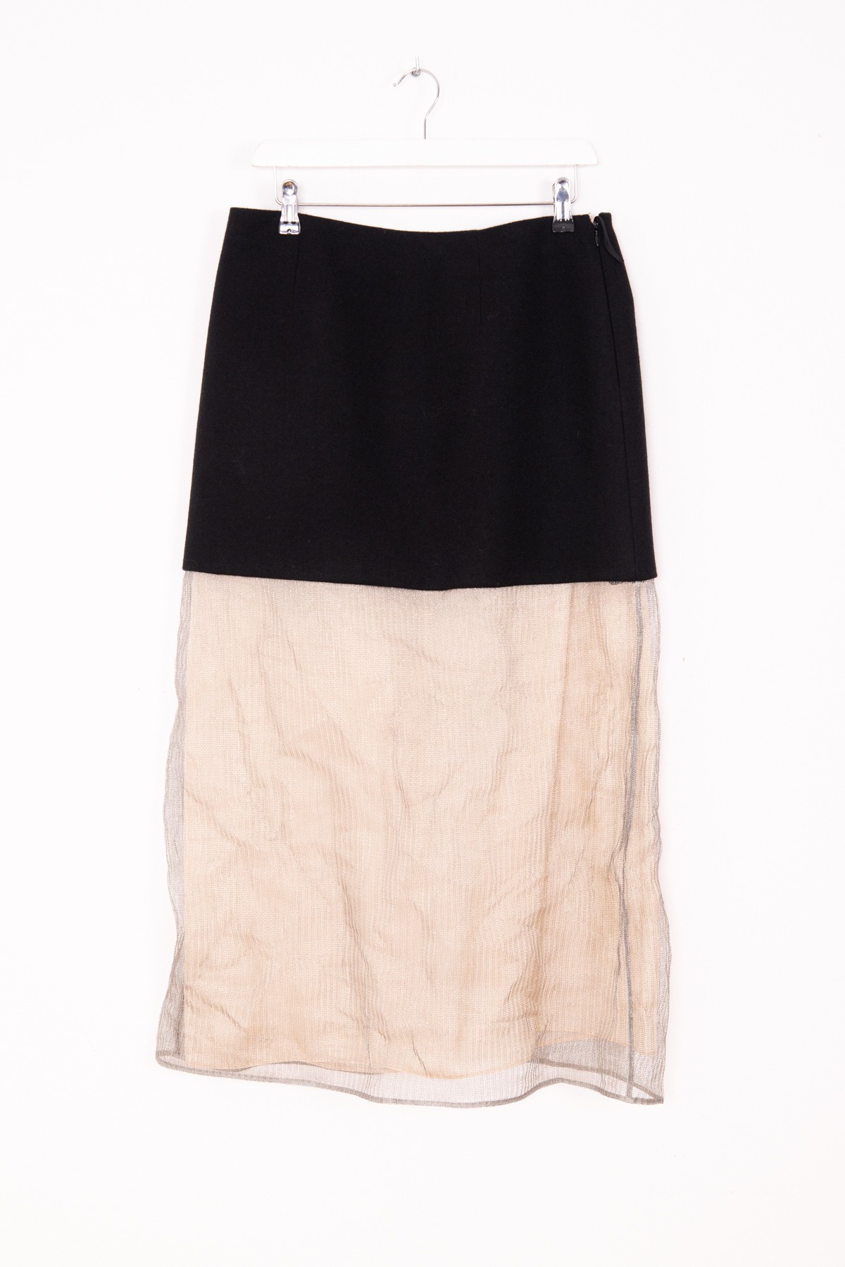 Prada Midi-Rock aus Wolle mit Mesh-Einsatz in Schwarz und Metallic