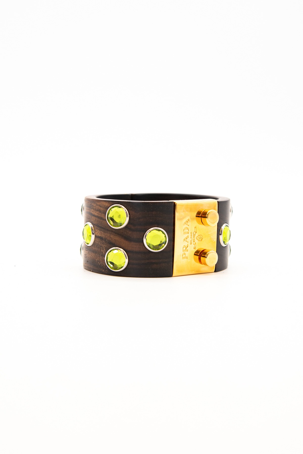 Prada Vintage Armreif aus Holz in Braun, Gold und Grün
