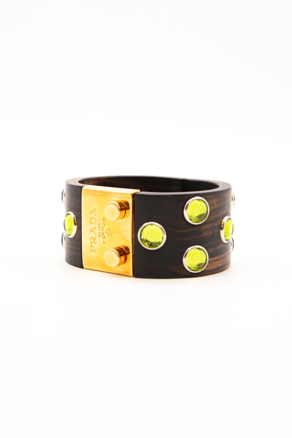 Prada Vintage Armreif aus Holz in Braun, Gold und Grün