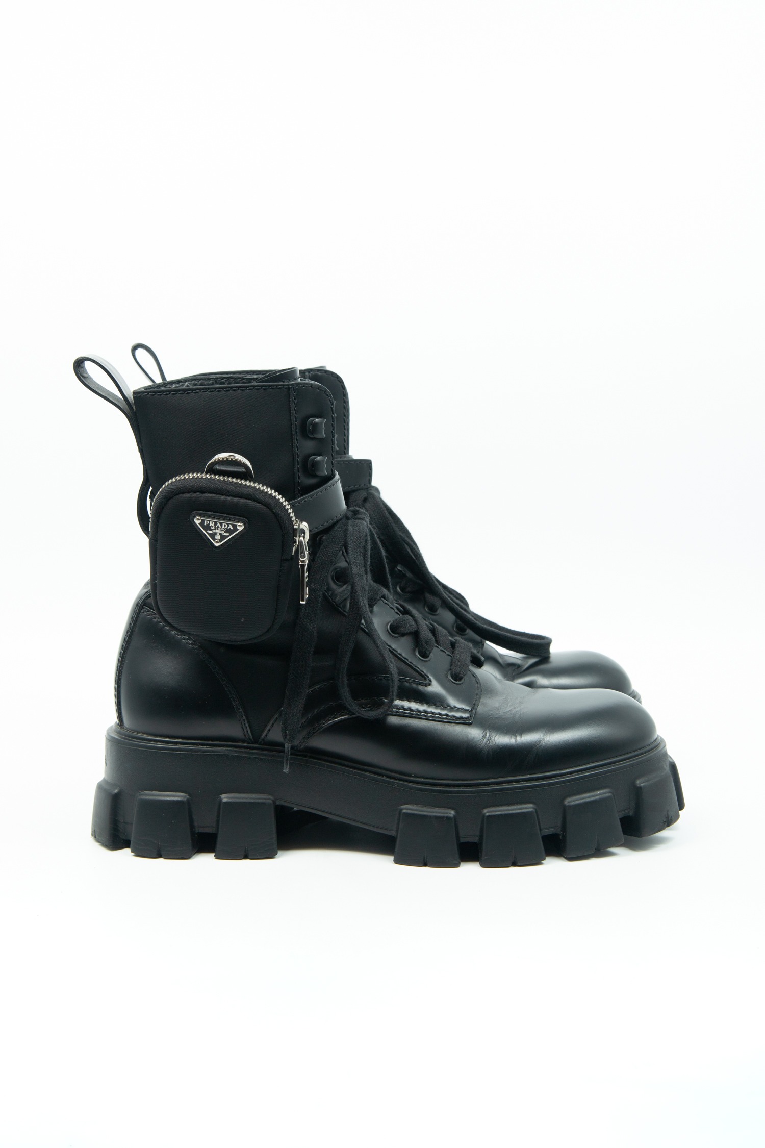 Prada "Monolith" Combat Boots aus Leder und Re-Nylon mit Pouch