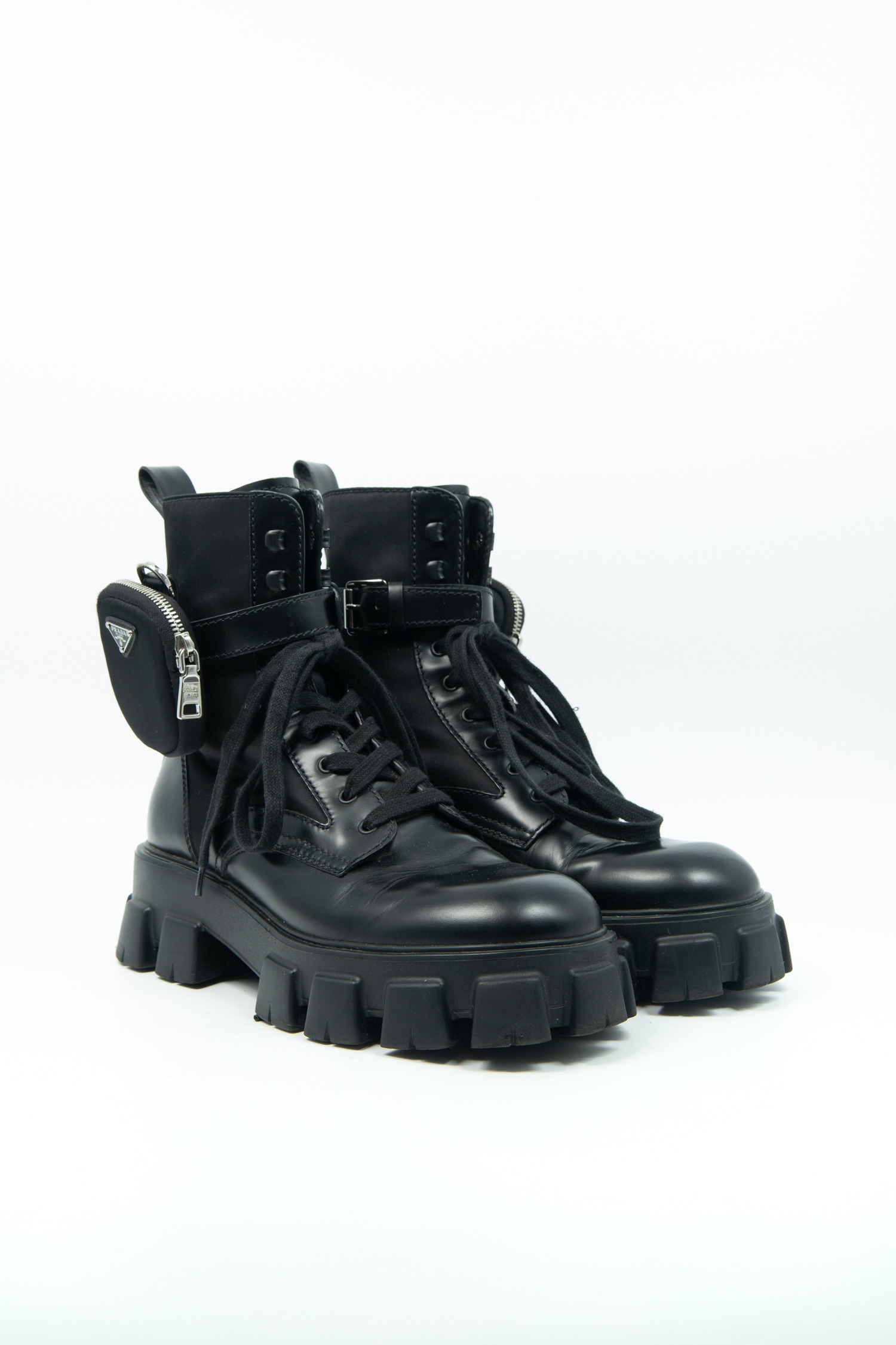 Prada "Monolith" Combat Boots aus Leder und Re-Nylon mit Pouch