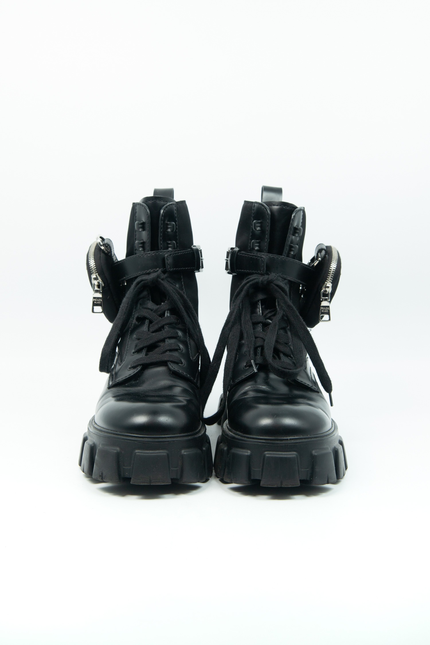 Prada "Monolith" Combat Boots aus Leder und Re-Nylon mit Pouch