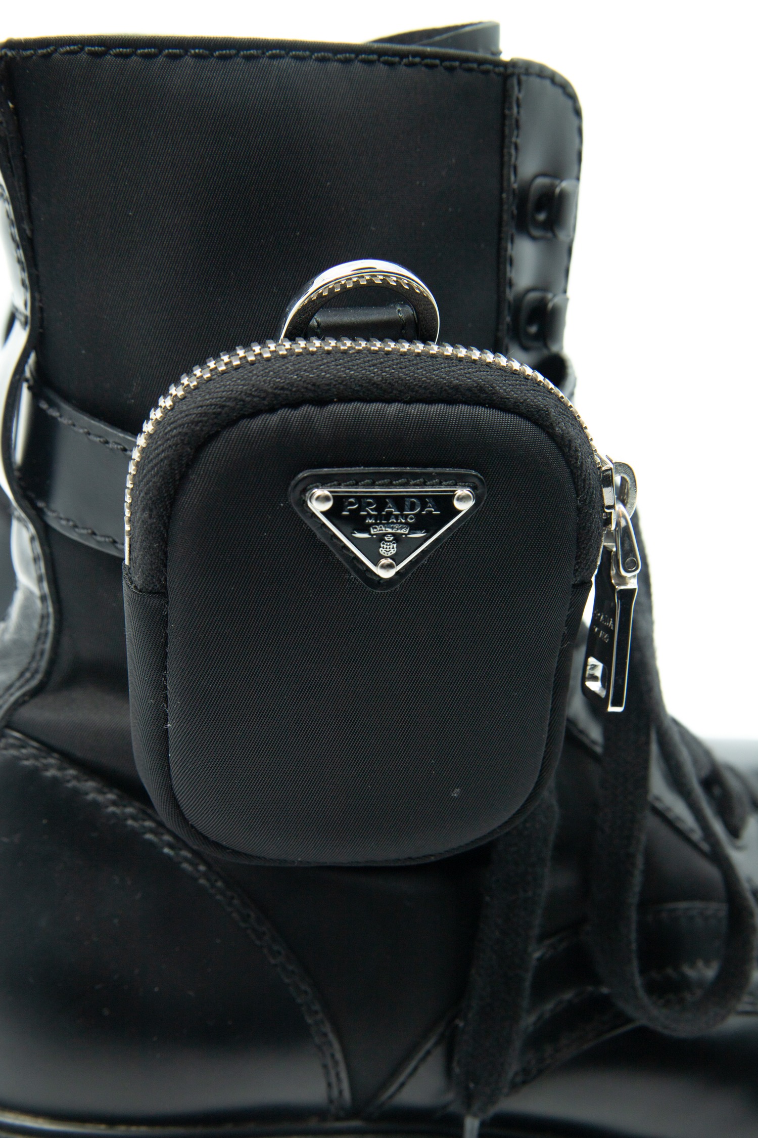 Prada "Monolith" Combat Boots aus Leder und Re-Nylon mit Pouch