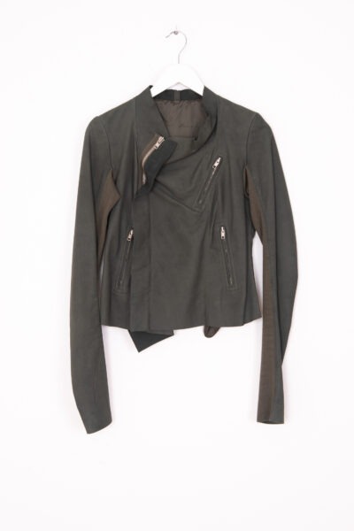 Rick Owens Drapierte Lederjacke in Dunkelgrün und Silber