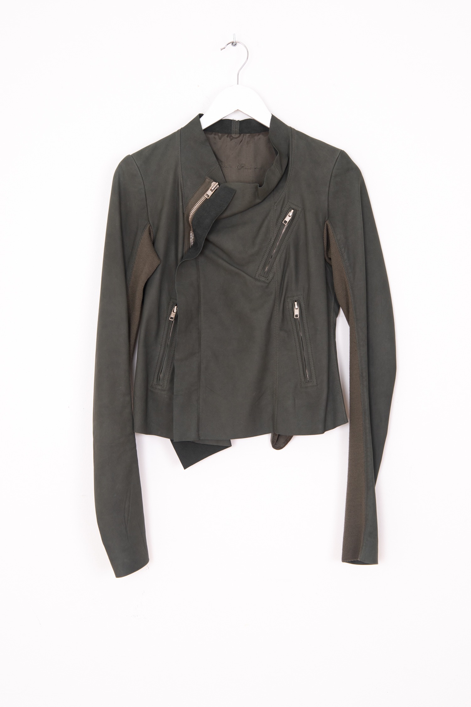 Rick Owens Drapierte Lederjacke in Dunkelgrün und Silber