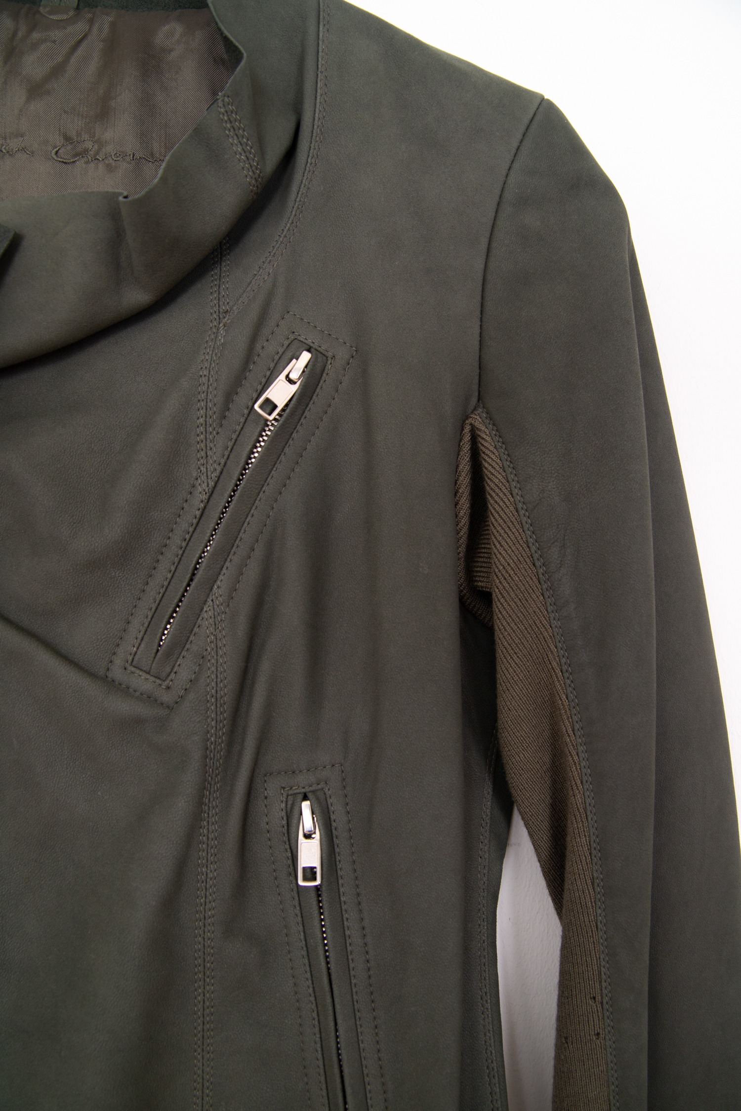 Rick Owens Drapierte Lederjacke in Dunkelgrün und Silber