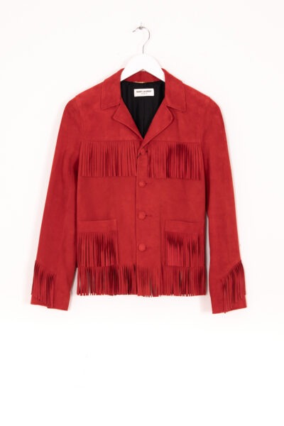 Saint Laurent "Curtis" Lederjacke mit Fransen aus Ziegenvelour in Rot