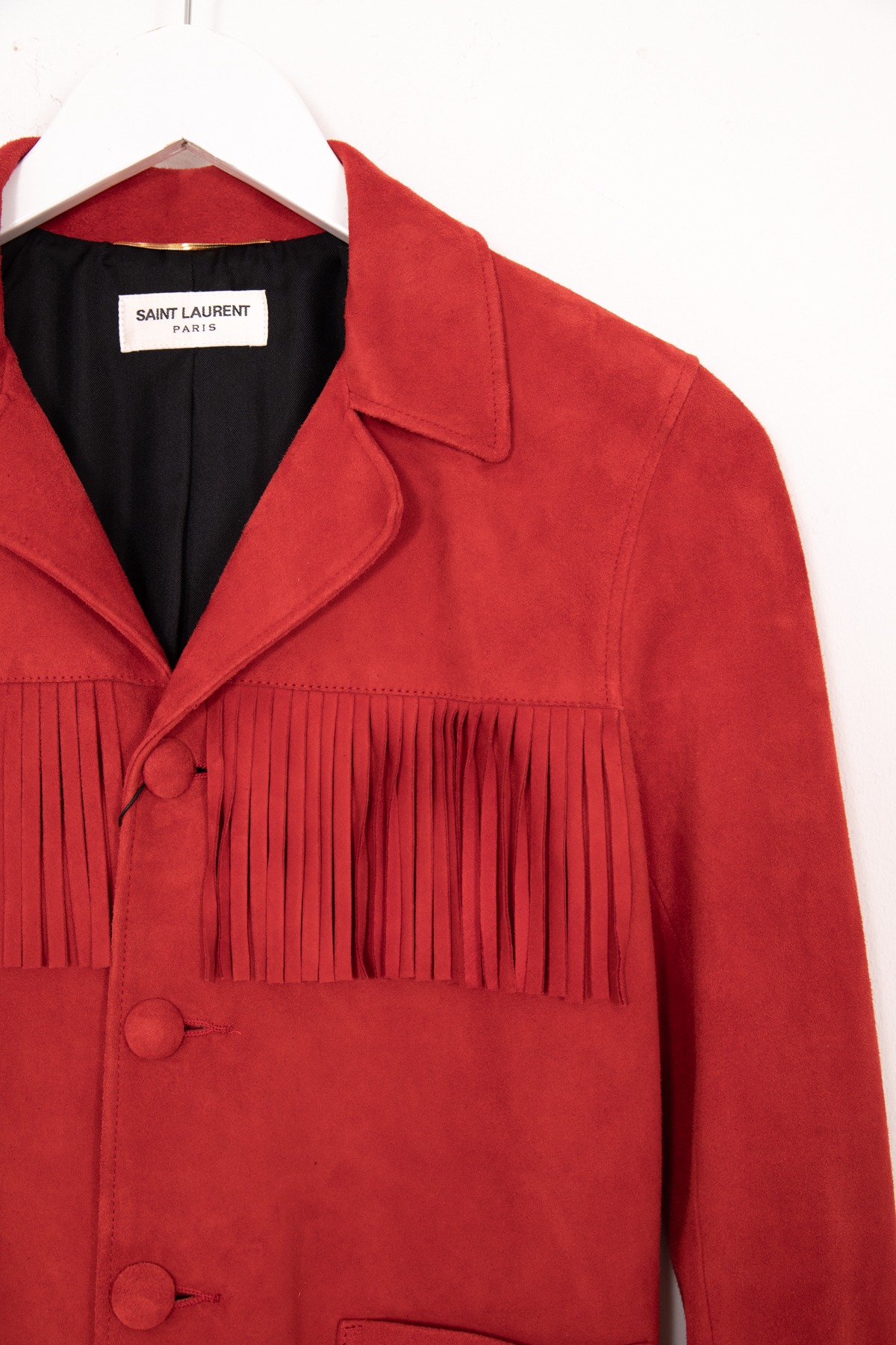 Saint Laurent "Curtis" Lederjacke mit Fransen aus Ziegenvelour in Rot