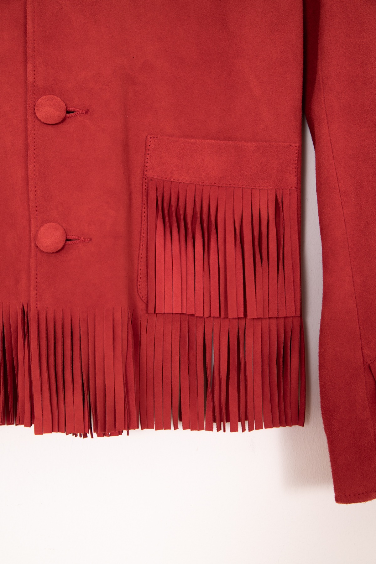 Saint Laurent "Curtis" Lederjacke mit Fransen aus Ziegenvelour in Rot