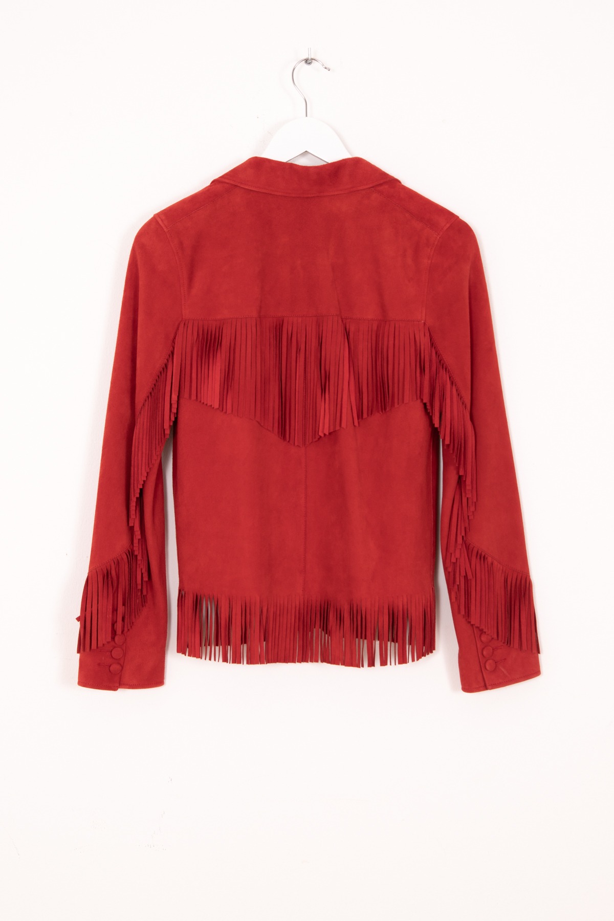 Saint Laurent "Curtis" Lederjacke mit Fransen aus Ziegenvelour in Rot