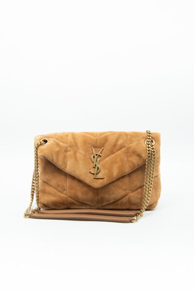 Saint Laurent "Loulou Small" Handtasche aus Velourleder in Cognac