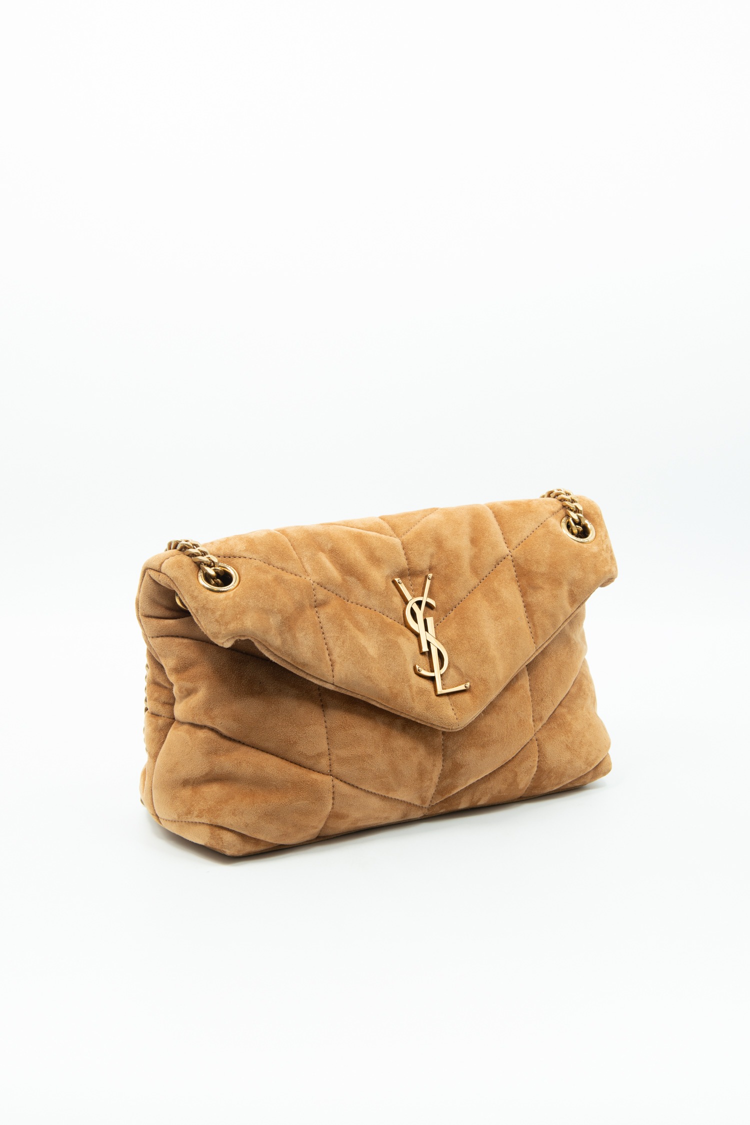 Saint Laurent "Loulou Small" Handtasche aus Velourleder in Cognac