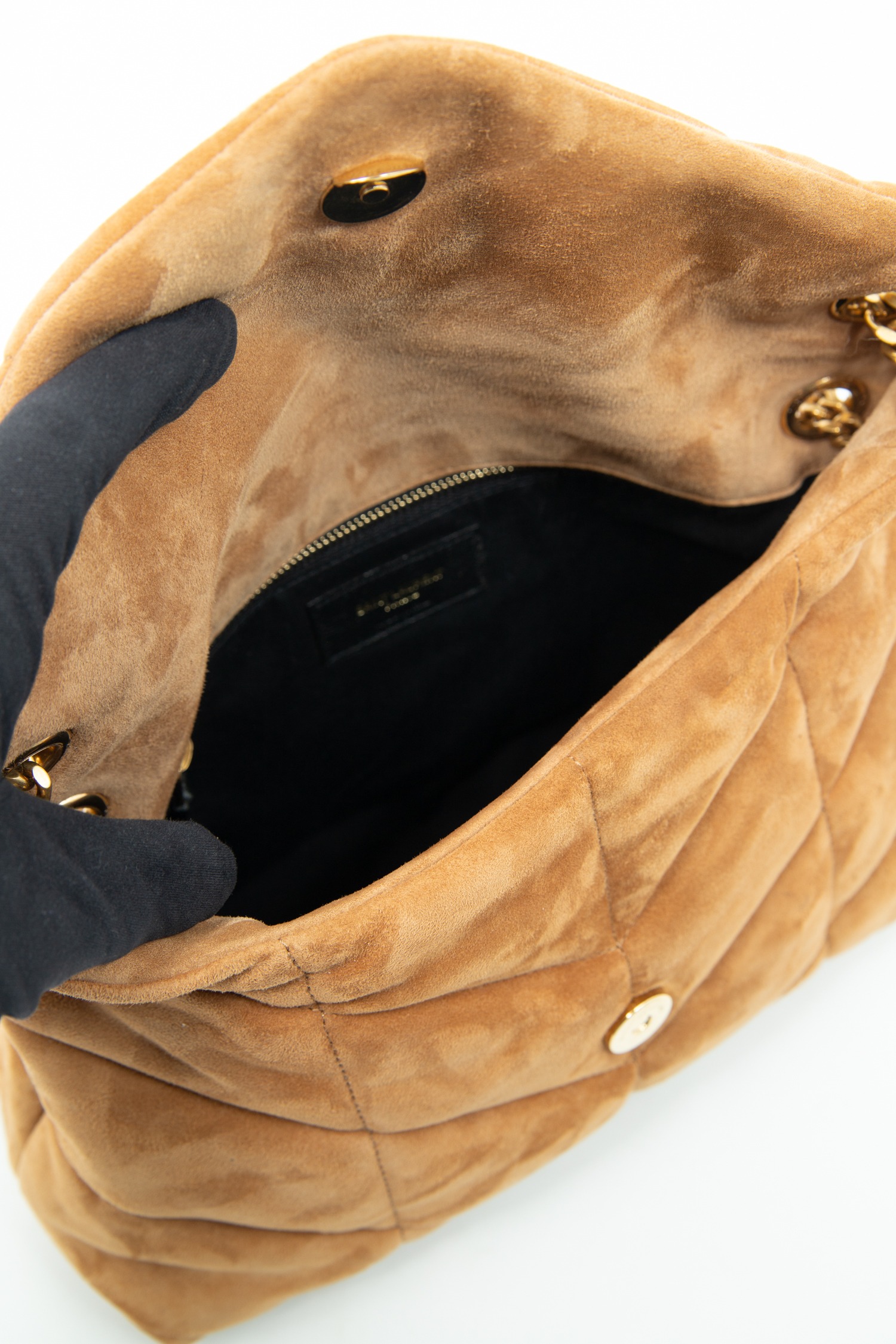 Saint Laurent "Loulou Small" Handtasche aus Velourleder in Cognac