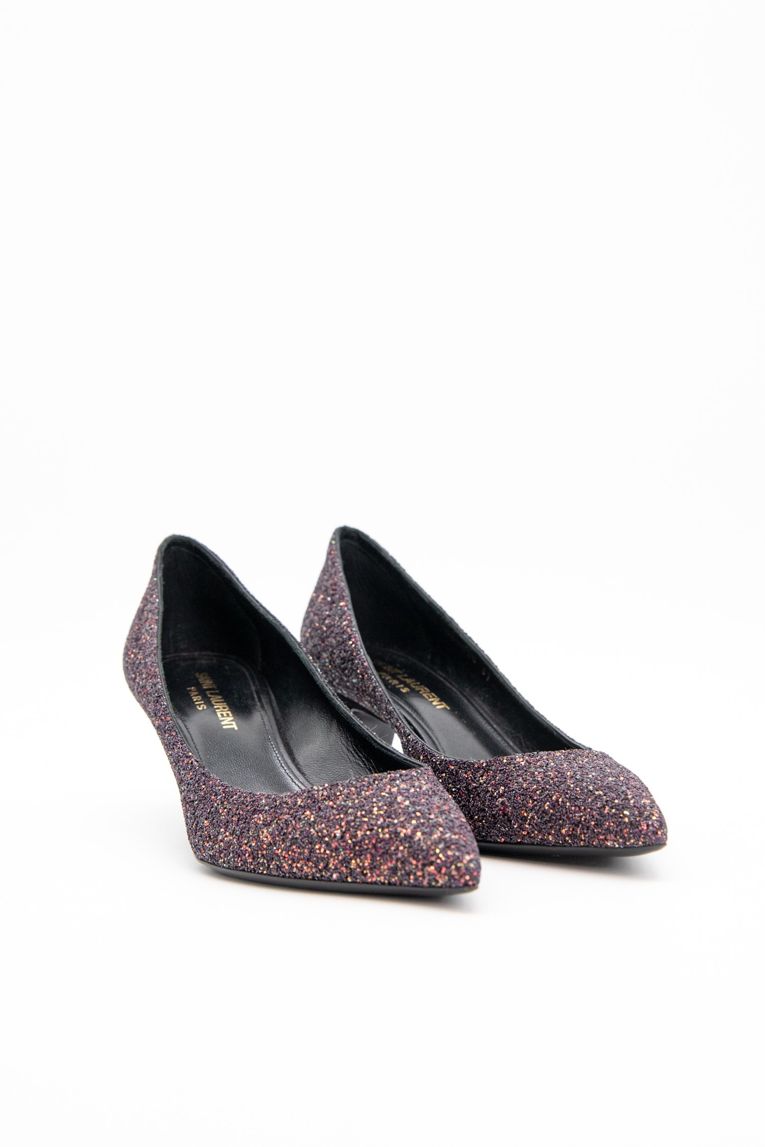 Saint Laurent "Charlotte 55" Pumps in Glitter Aubergine
