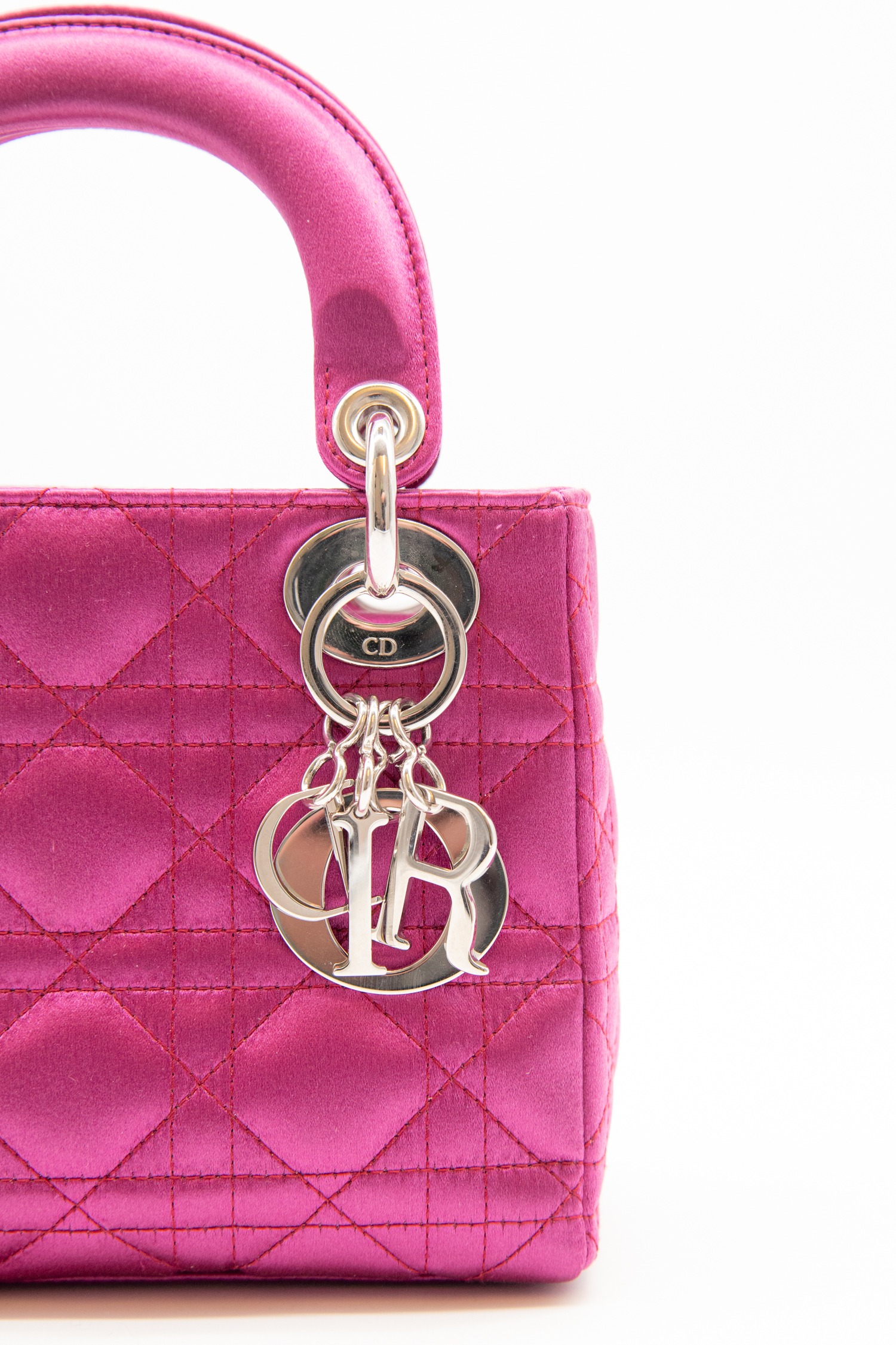 Dior "Dior Lady" Mini Handtasche aus Seide in Cyclam und Silber