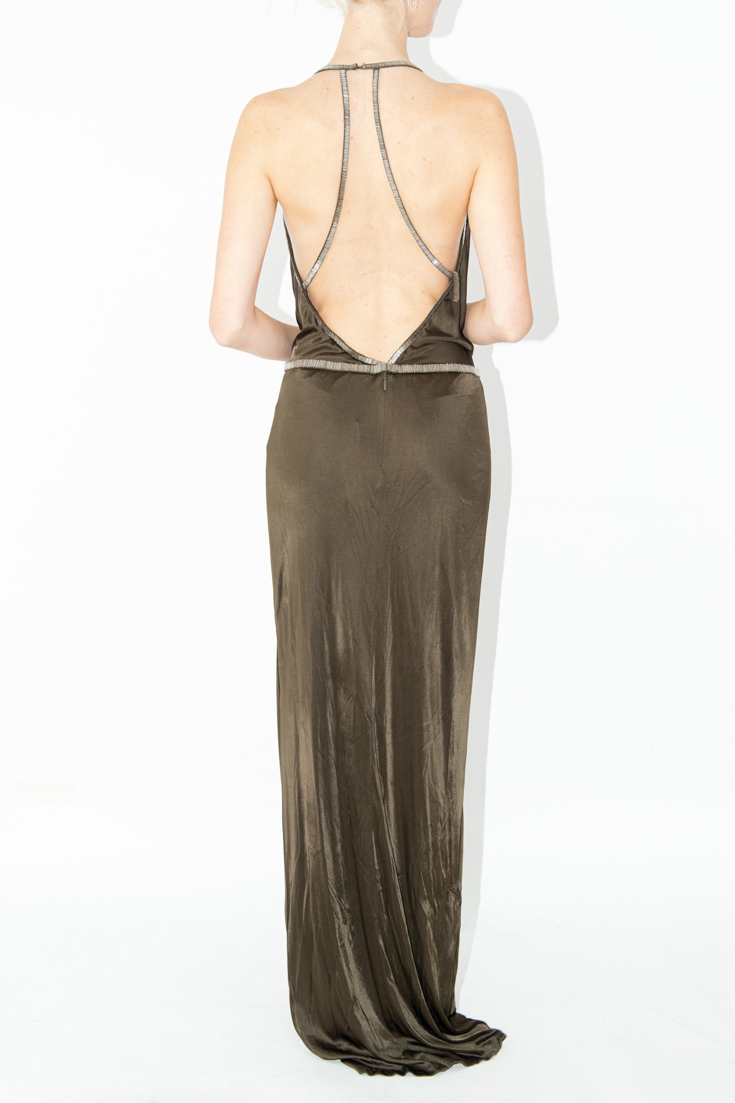 Gucci Abendkleid mit Perlen in Olivgrün