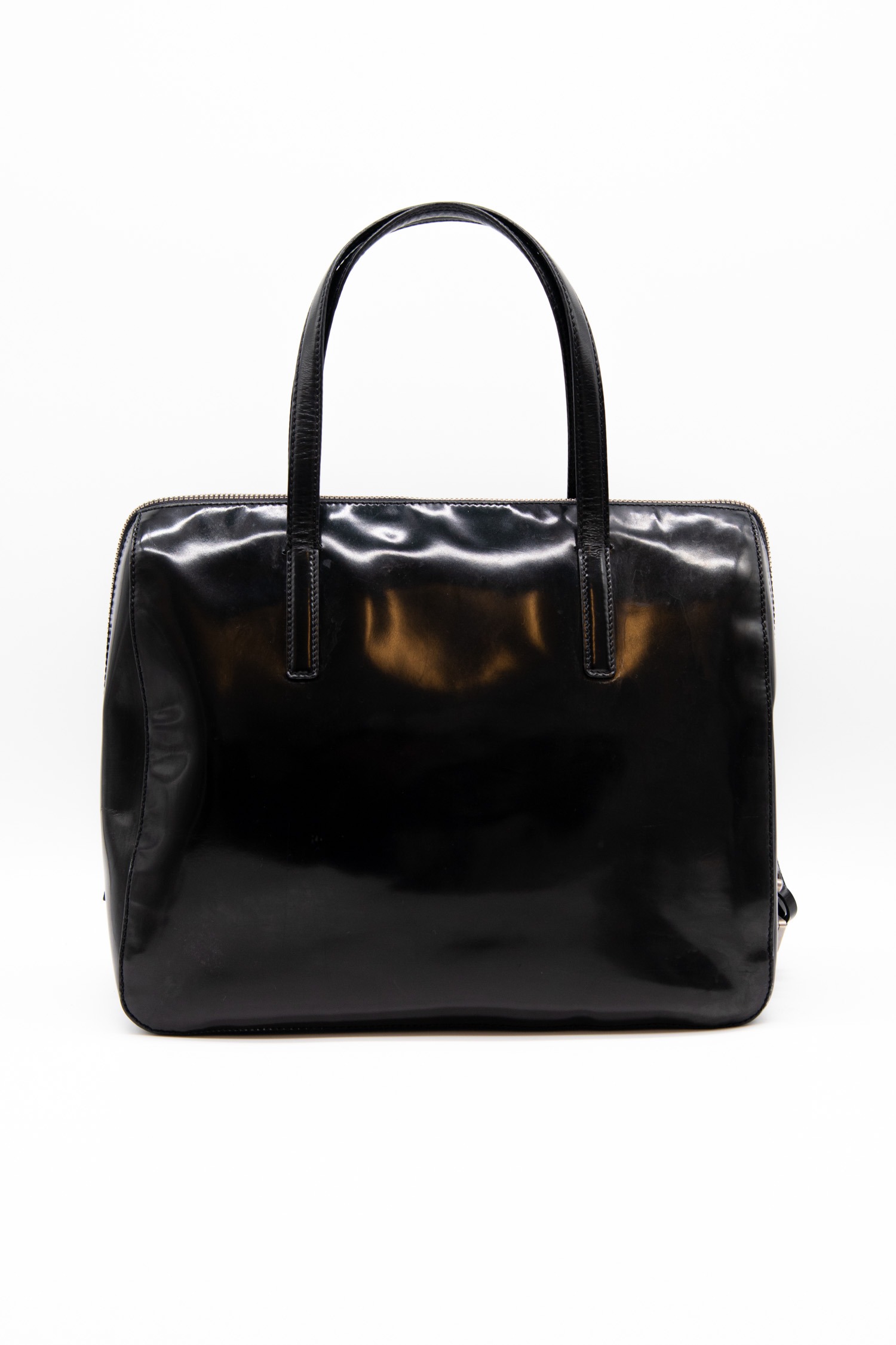 Vintage Prada "Spazzolato Logo" Handtasche Lackleder Schwarz