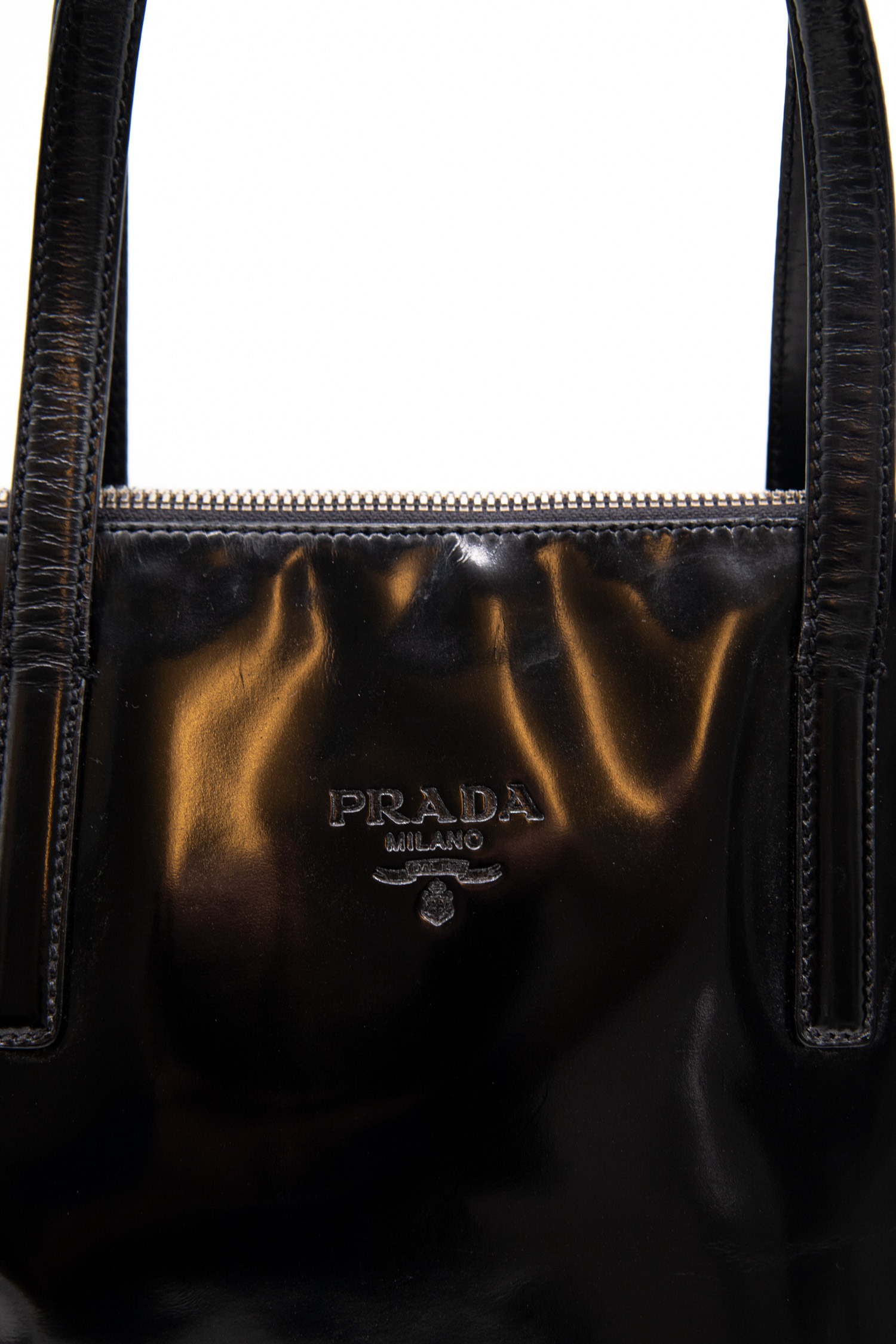 Vintage Prada "Spazzolato Logo" Handtasche Lackleder Schwarz