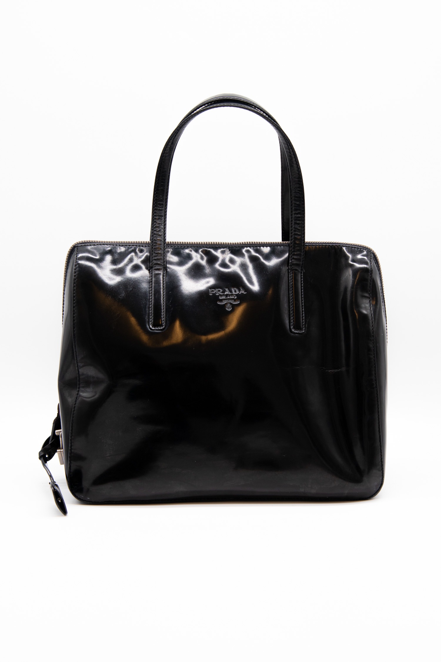 Vintage Prada "Spazzolato Logo" Handtasche Lackleder Schwarz