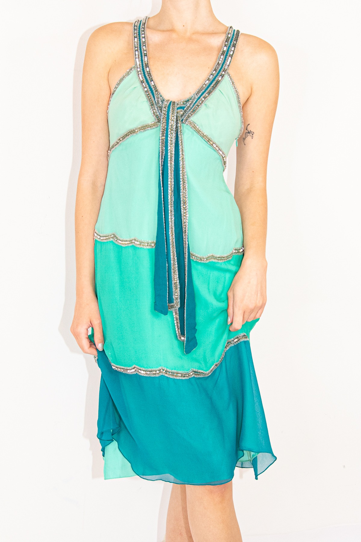 Temperley Vintage Minikleid mit Pailletten in Mint und Petrol