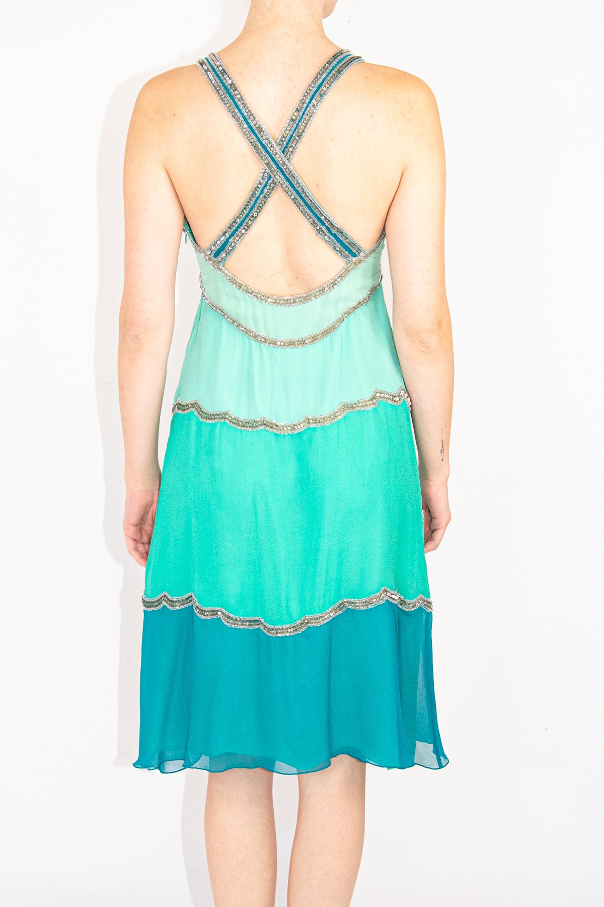 Temperley Vintage Minikleid mit Pailletten in Mint und Petrol