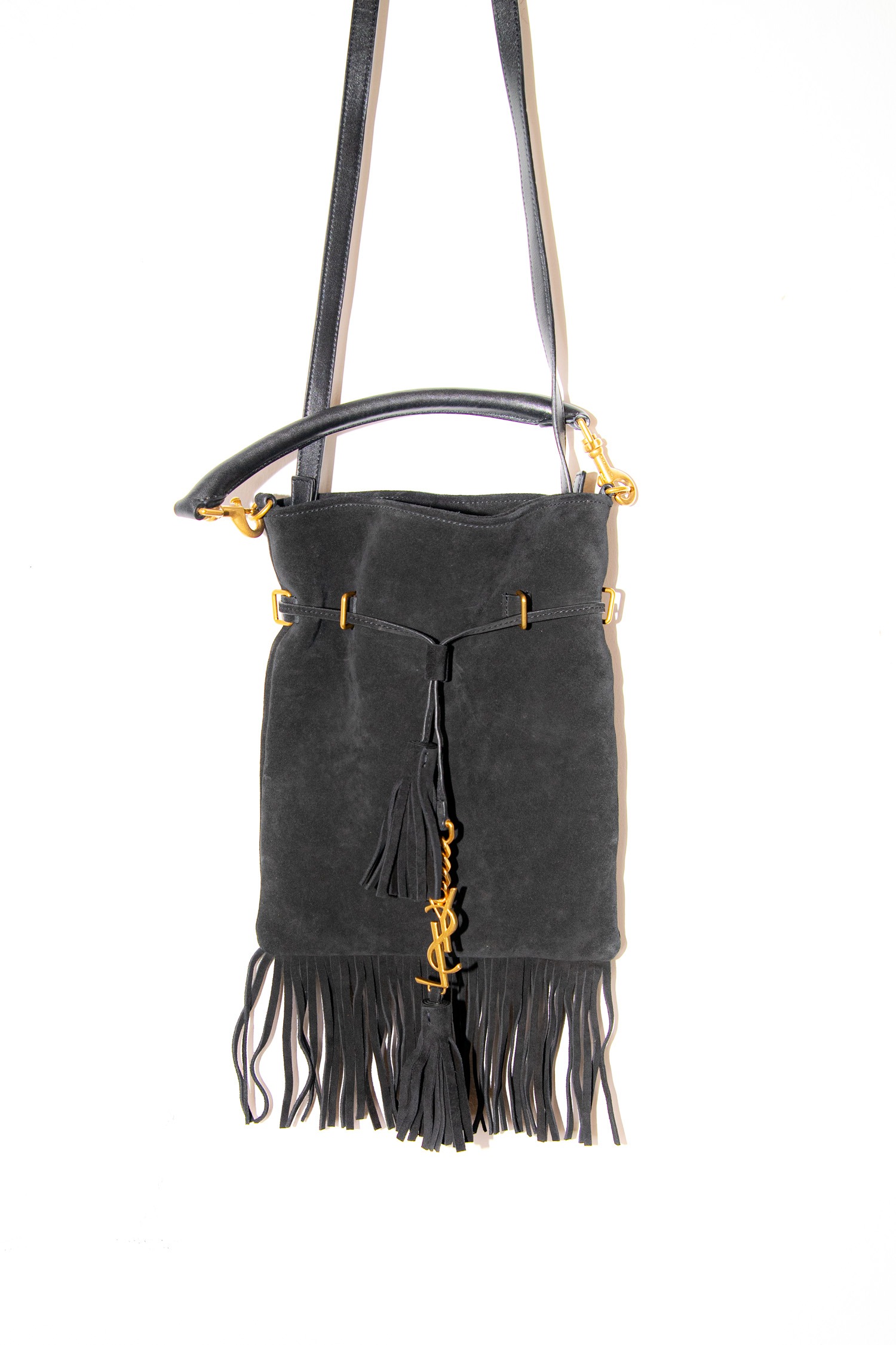 Vintage Saint Laurent Schultertasche mit Fransen in Schwarz