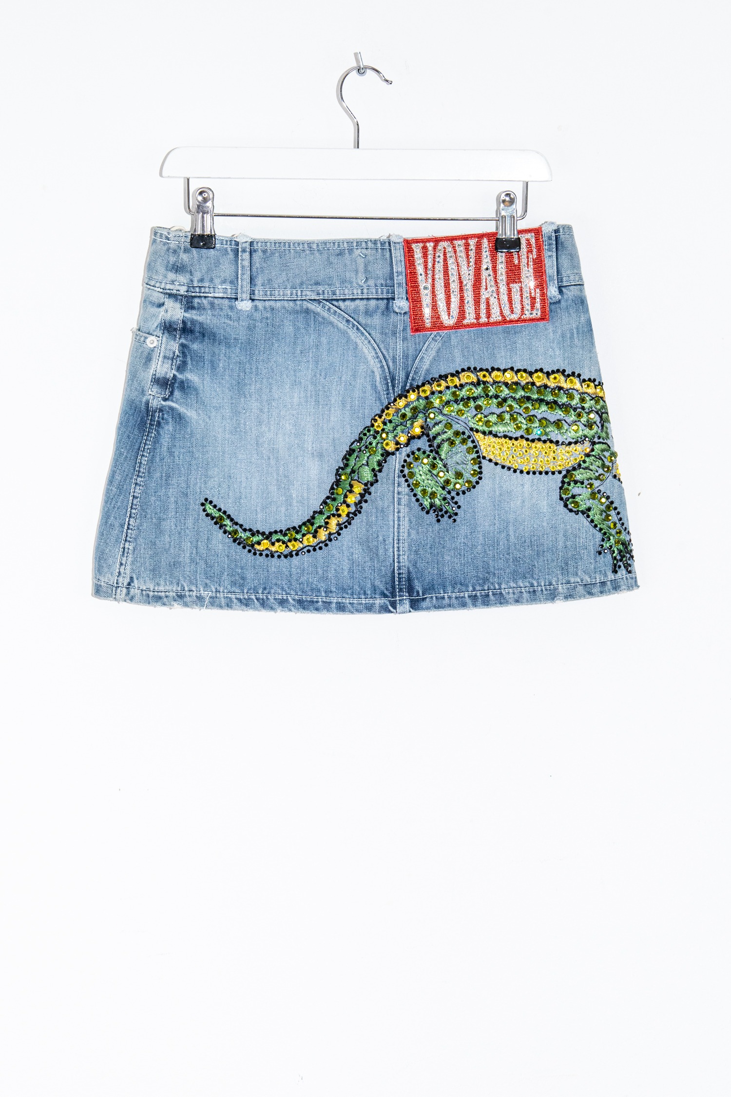Voyage Vintage Jeansrock mit Strasssteinen in Blau und Bunt