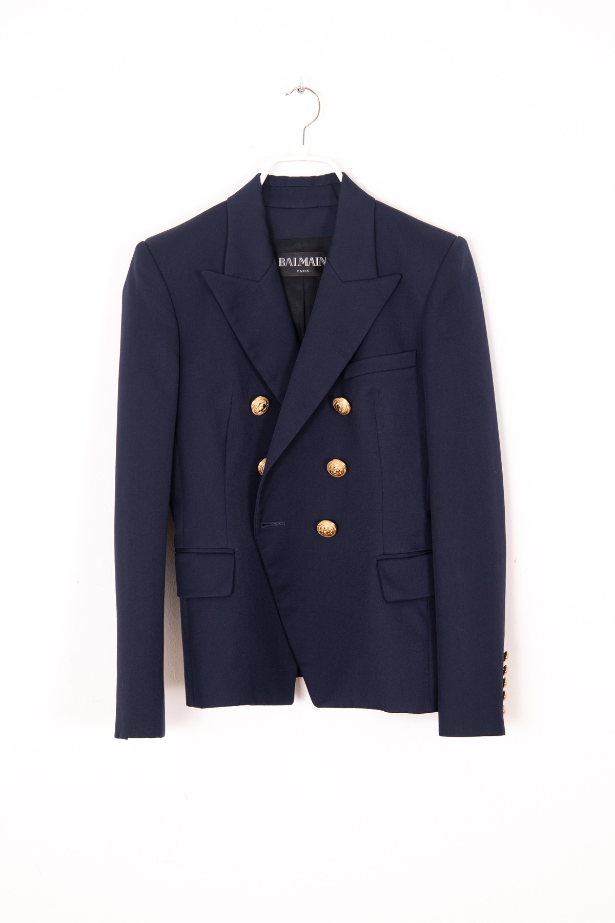 Balmain Blazer aus Wolle in Dunkelblau und Gold