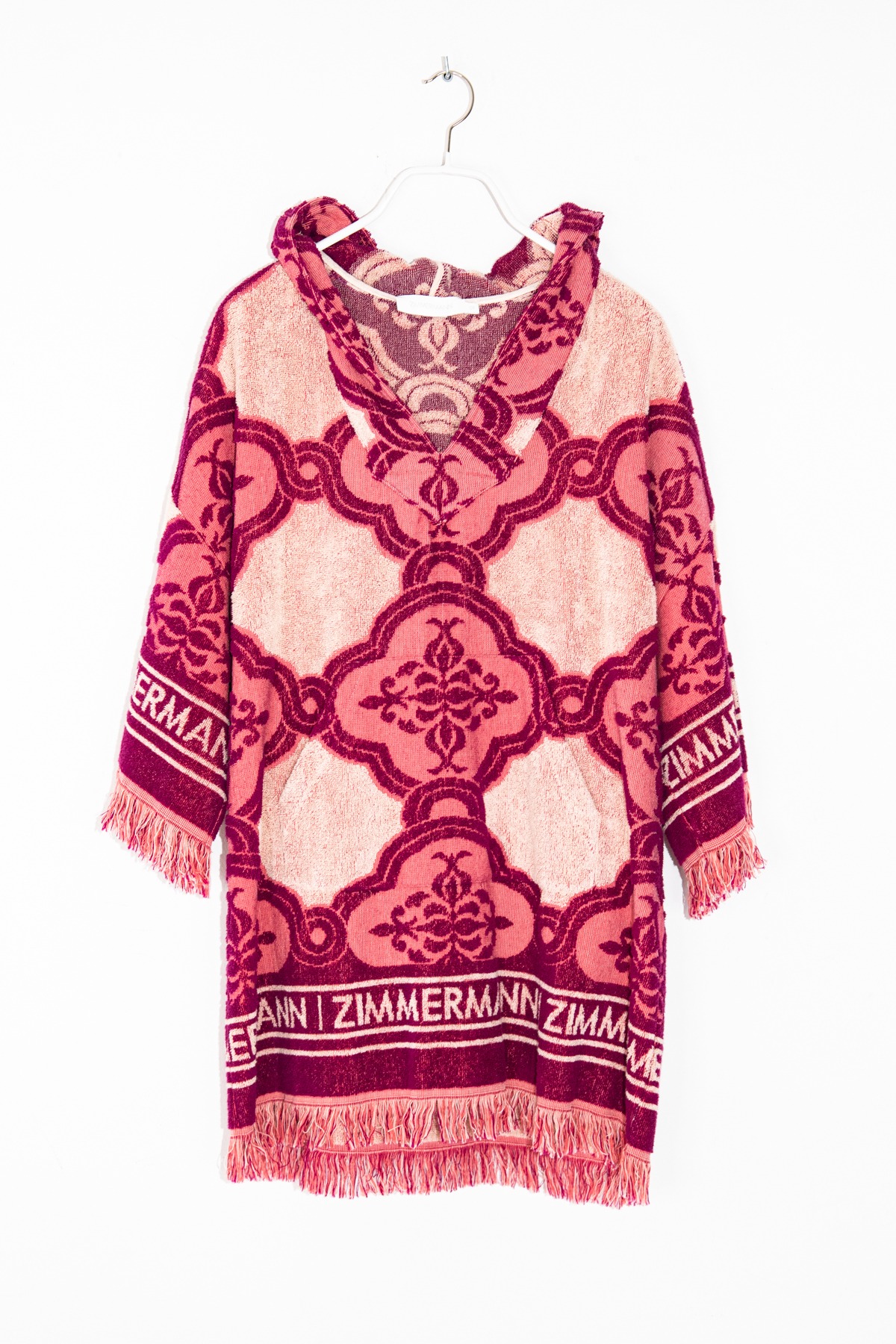 Zimmermann "Lola Hooded Fringed Kaftan" in Pink und Beige